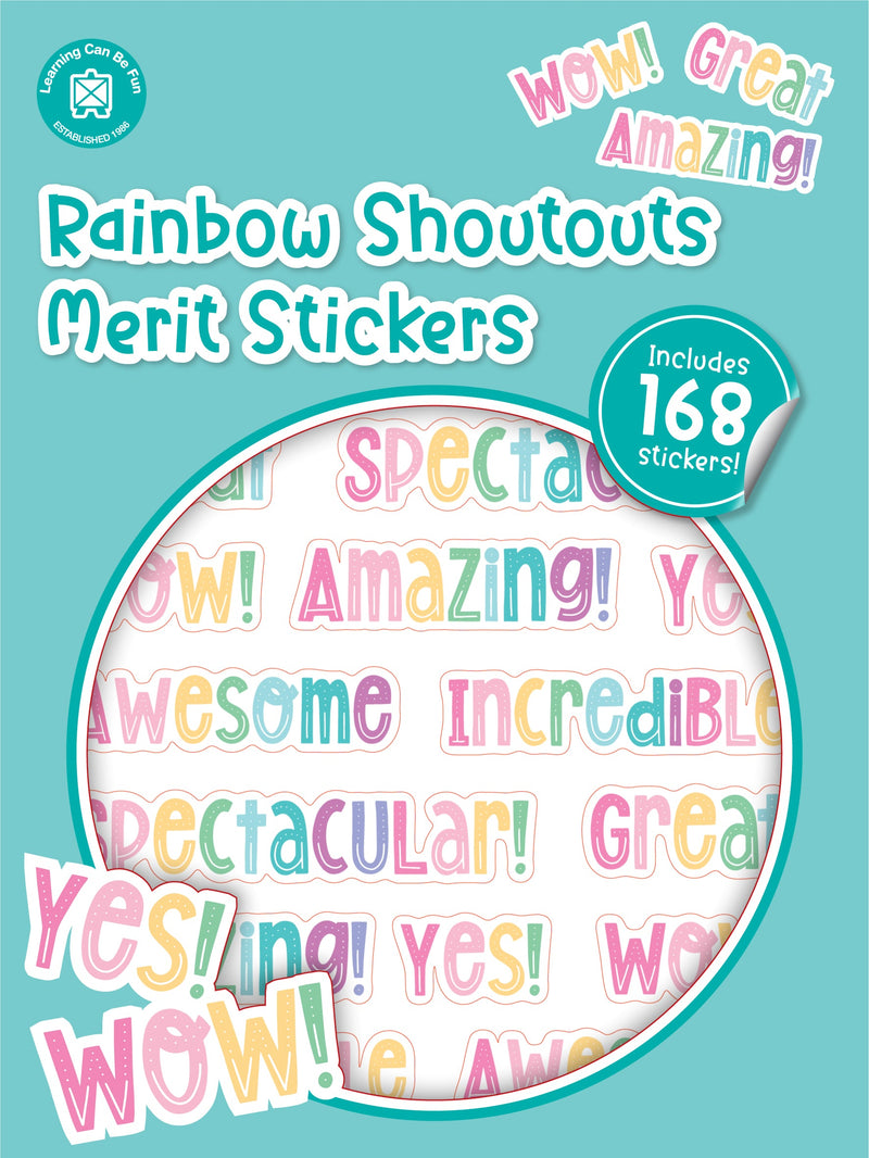 Rainbow Shoutouts merit sticker book cover showing stickers where bold praise words in rainbow colours are the main design.