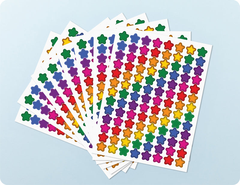 Sticker sheets from the Rainbow Sparkle book fanned out to show the density of small glitter stars per sheet.