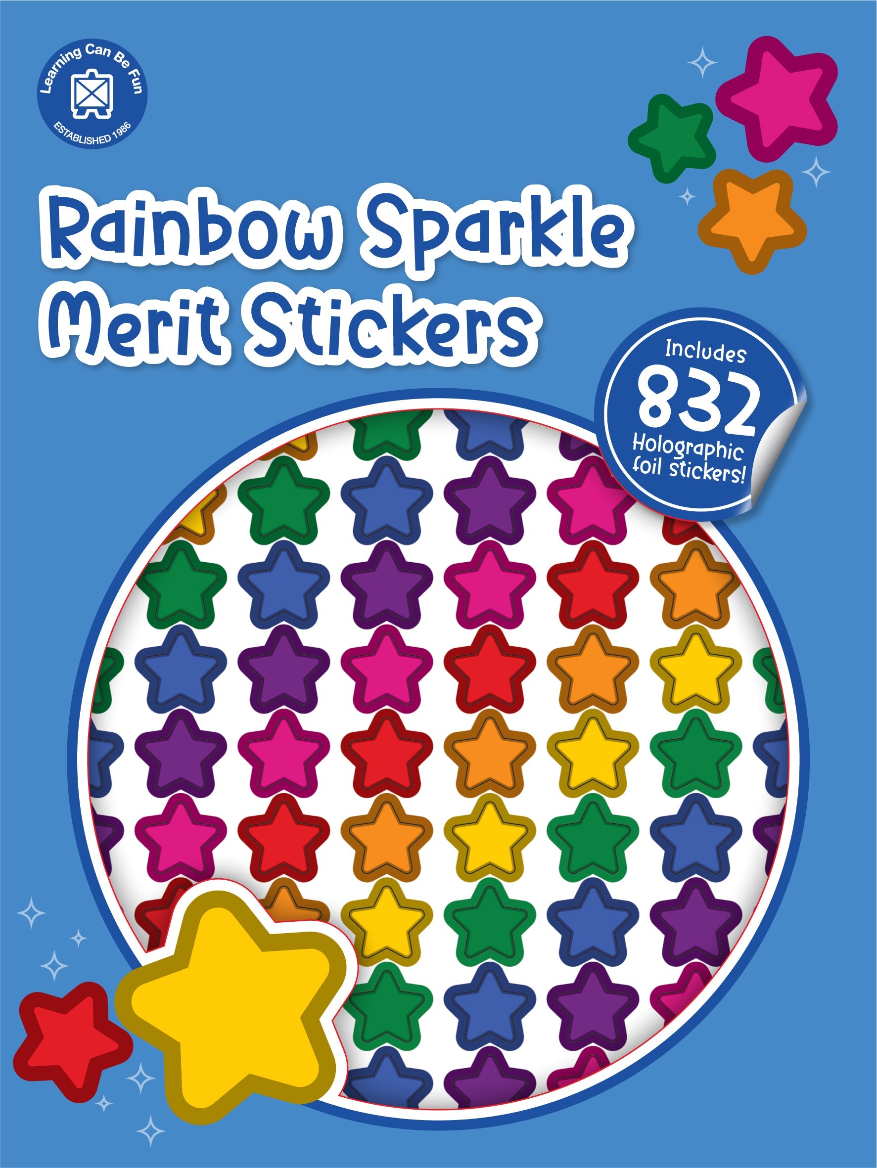 Rainbow Sparkle merit sticker book cover showing sheets of small glittery star stickers in a full range of rainbow colours.