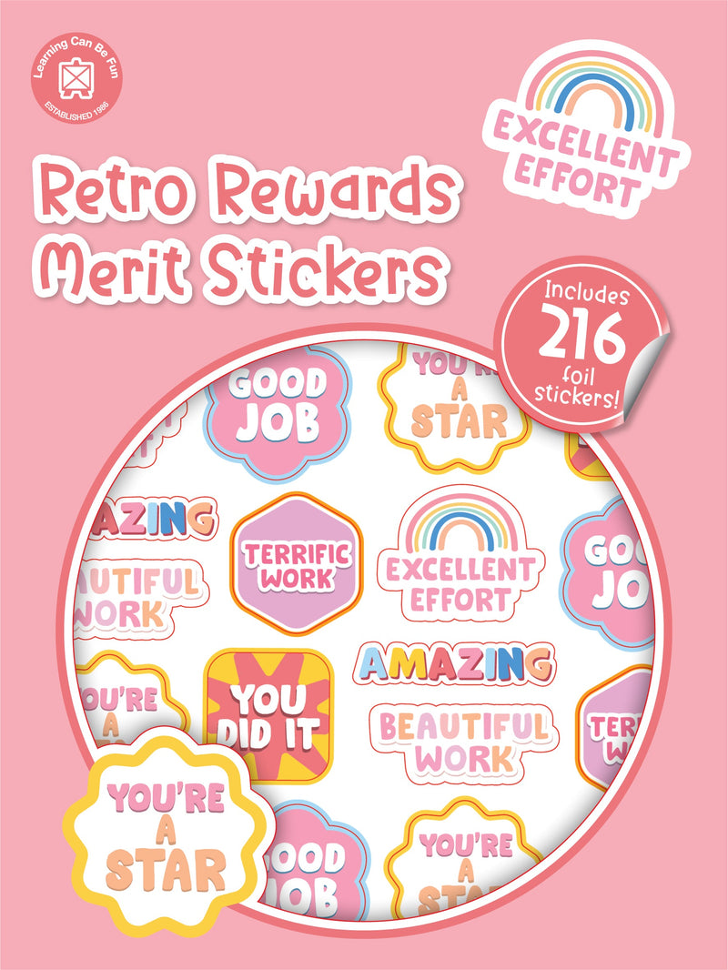 Retro Rewards merit sticker book cover showing round stickers with bold retro patterns and playful colour combinations.
