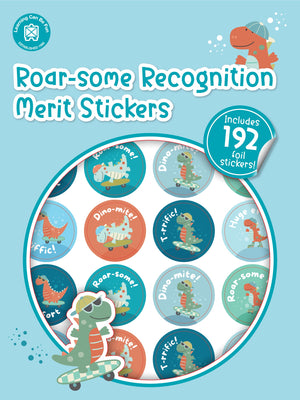 Roar-some Recognition merit sticker book cover showing round stickers with cartoon dinosaurs on roller skates and skateboards.