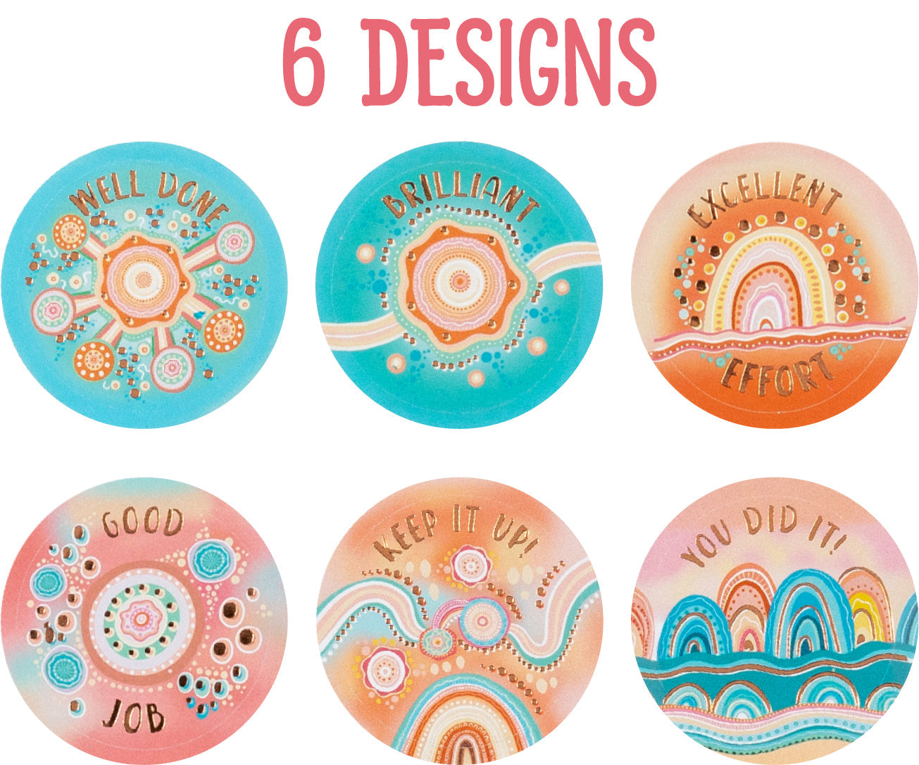 Close view of the Sacred Country sticker designs showing the six artworks and the shimmering foil detail.