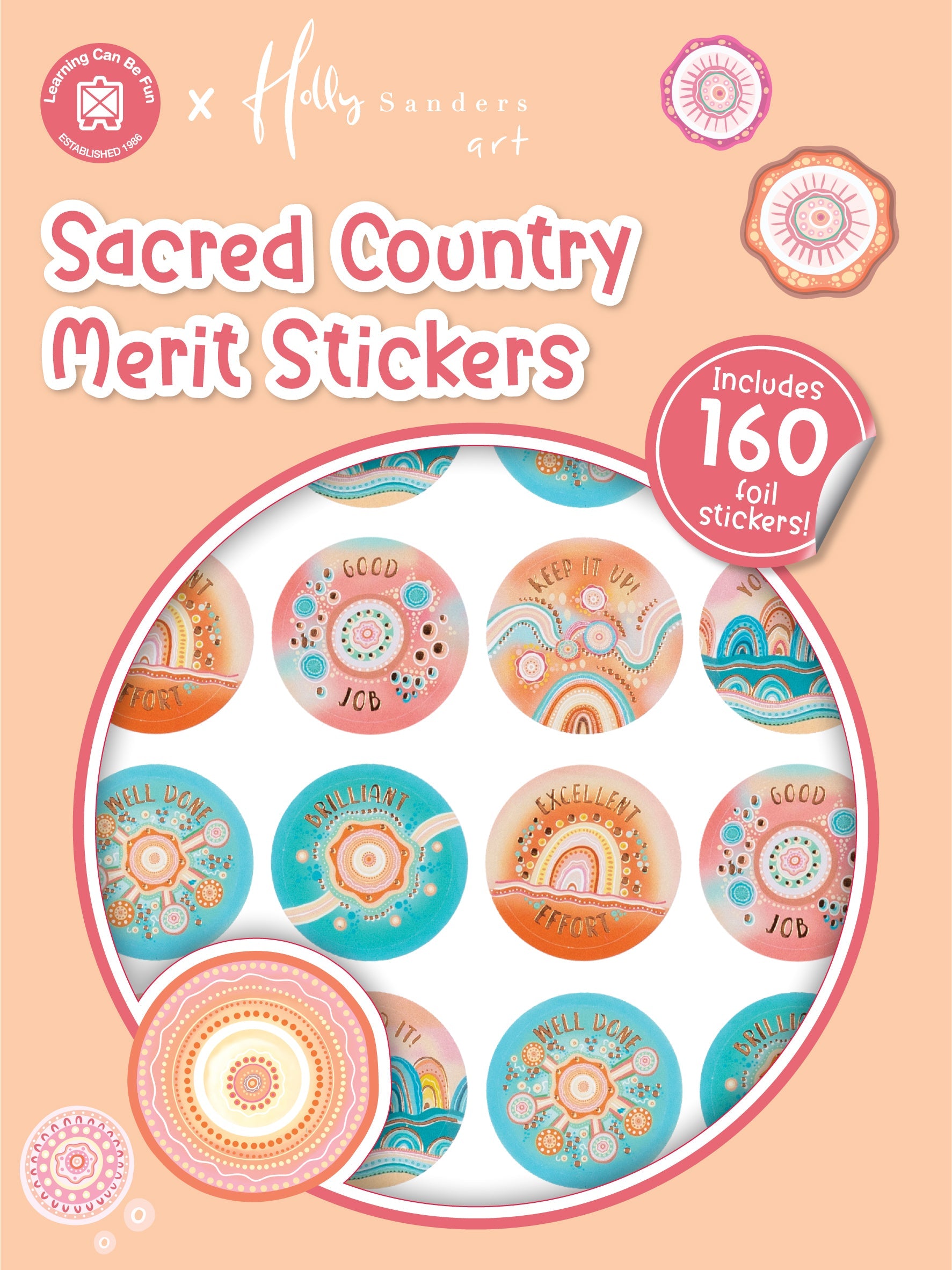 Sacred Country merit sticker book cover showing round foil stickers carrying First Nations artwork by Holly Sanders in warm earth tones.