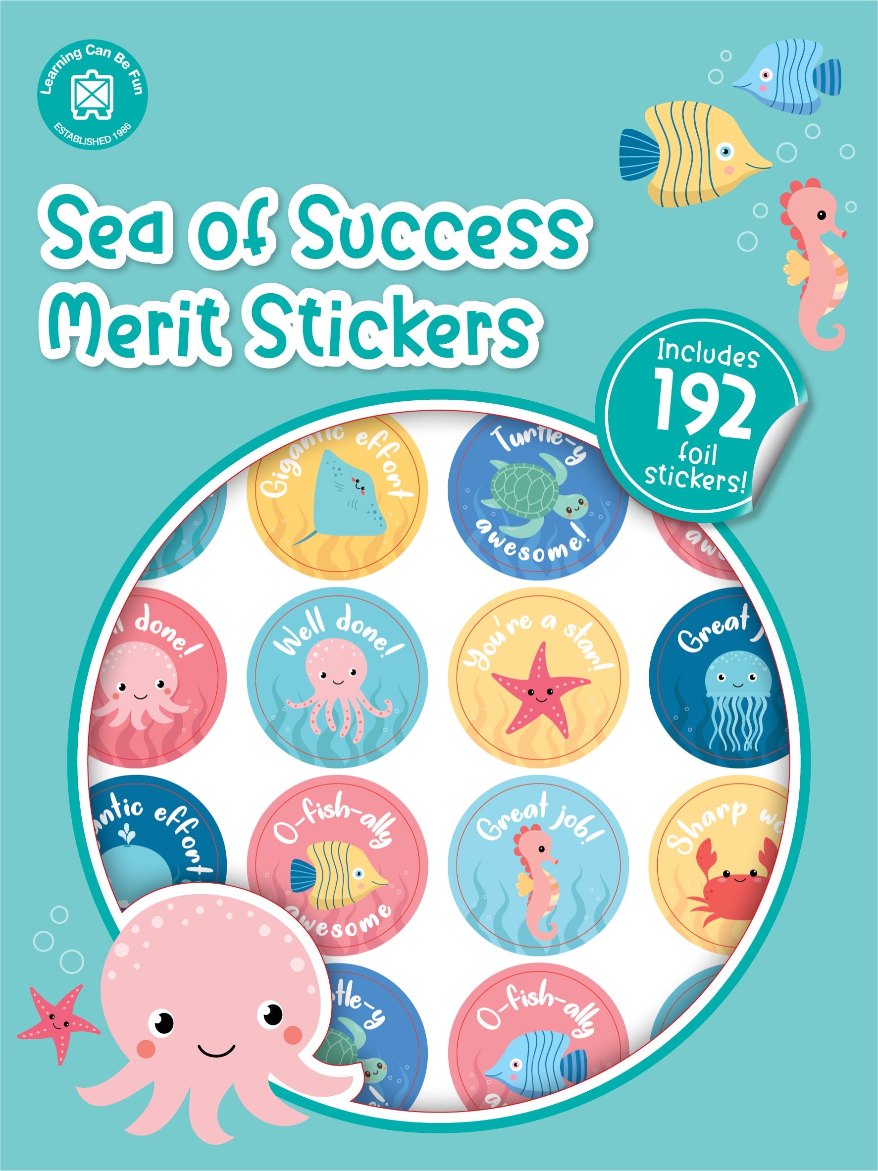 Sea of Success merit sticker book cover showing round stickers illustrated with cartoon sea animals and positive praise wording.