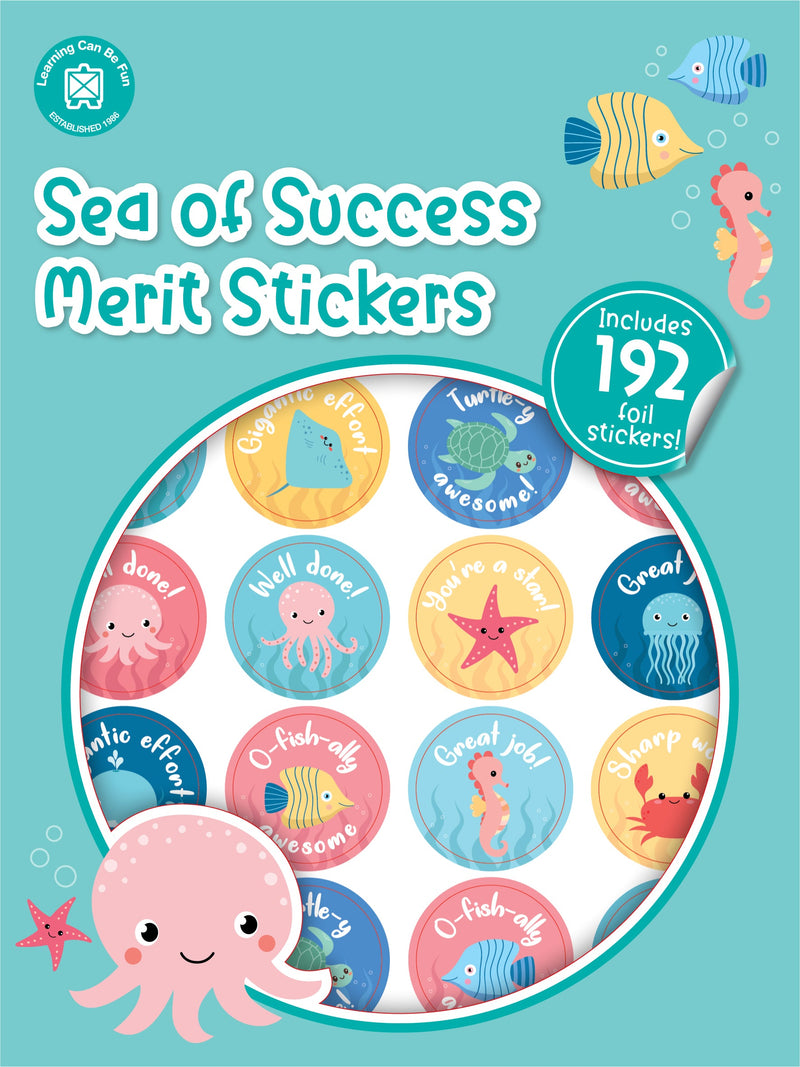 Sea of Success merit sticker book cover showing round stickers illustrated with cartoon sea animals and positive praise wording.