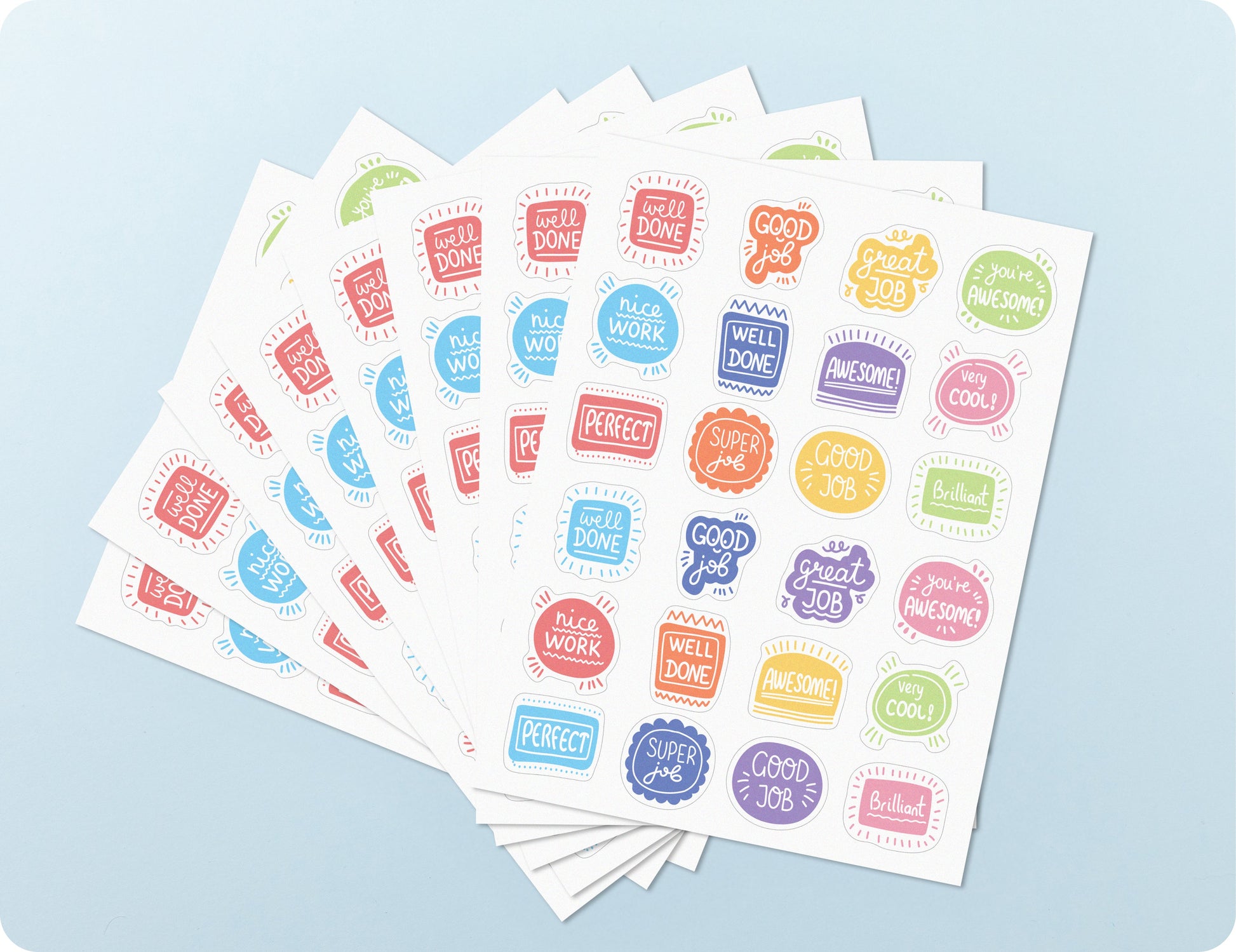 Sticker sheets from the Shout Out book fanned out to show the squiggle designs and message wording.