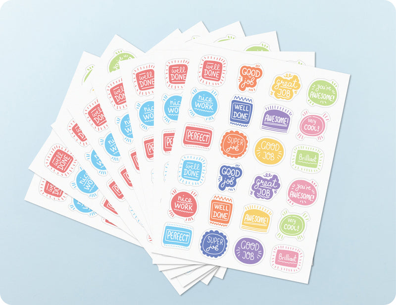 Sticker sheets from the Shout Out book fanned out to show the squiggle designs and message wording.