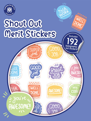 Shout Out merit sticker book cover showing round stickers with bright squiggly line designs and cheerful praise wording.