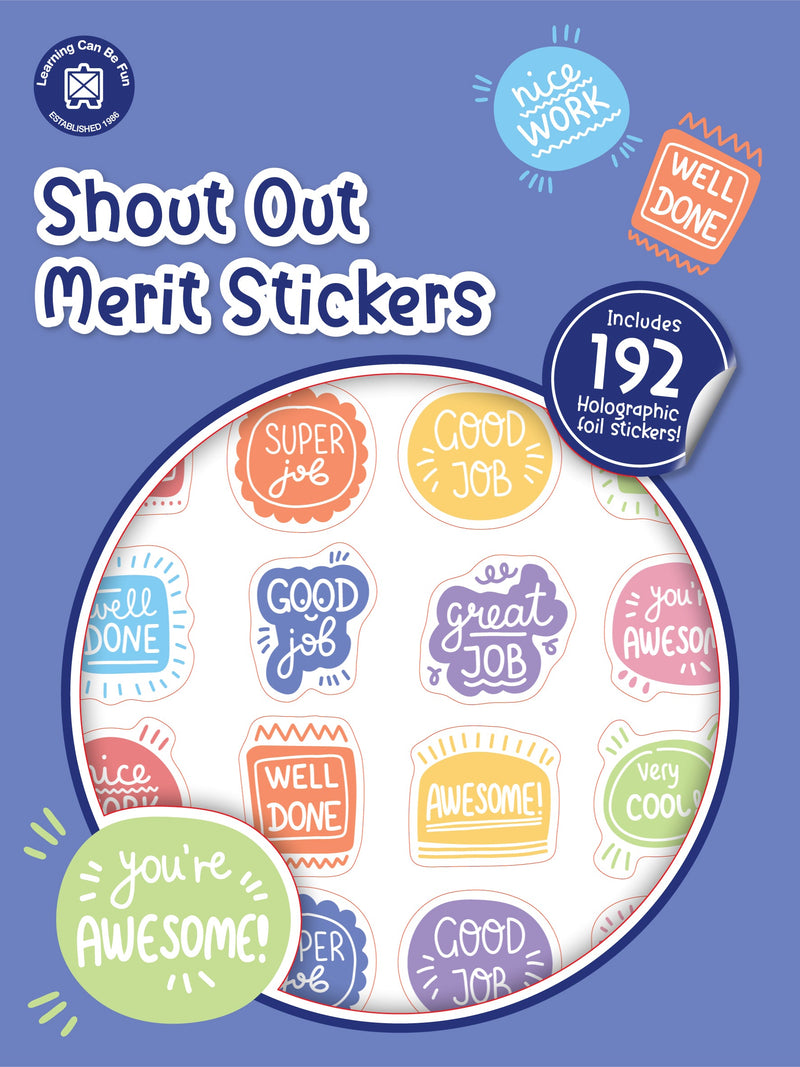 Shout Out merit sticker book cover showing round stickers with bright squiggly line designs and cheerful praise wording.