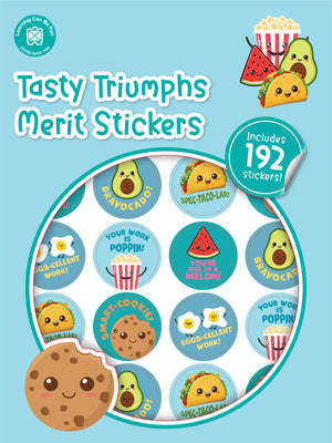 Tasty Triumphs merit sticker book cover showing round stickers with cartoon food characters and punning praise wording.
