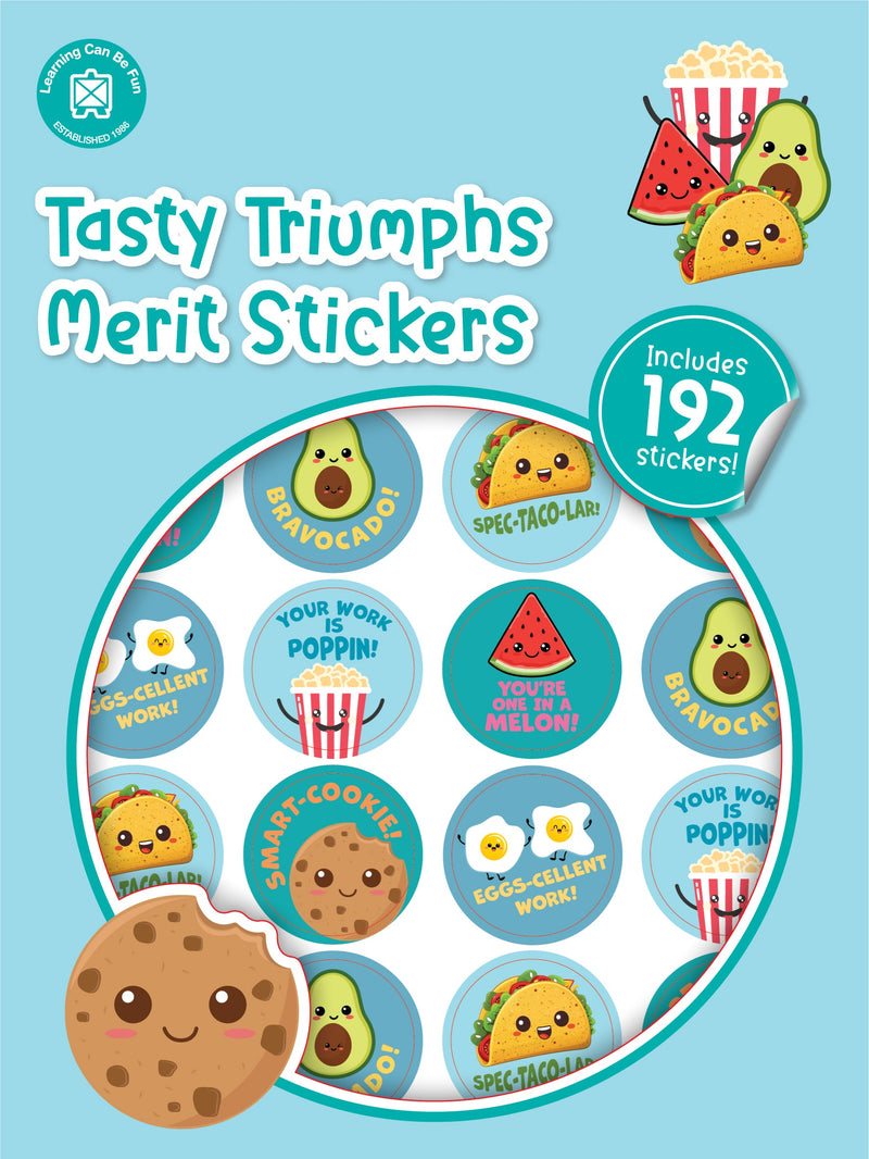 Tasty Triumphs merit sticker book cover showing round stickers with cartoon food characters and punning praise wording.