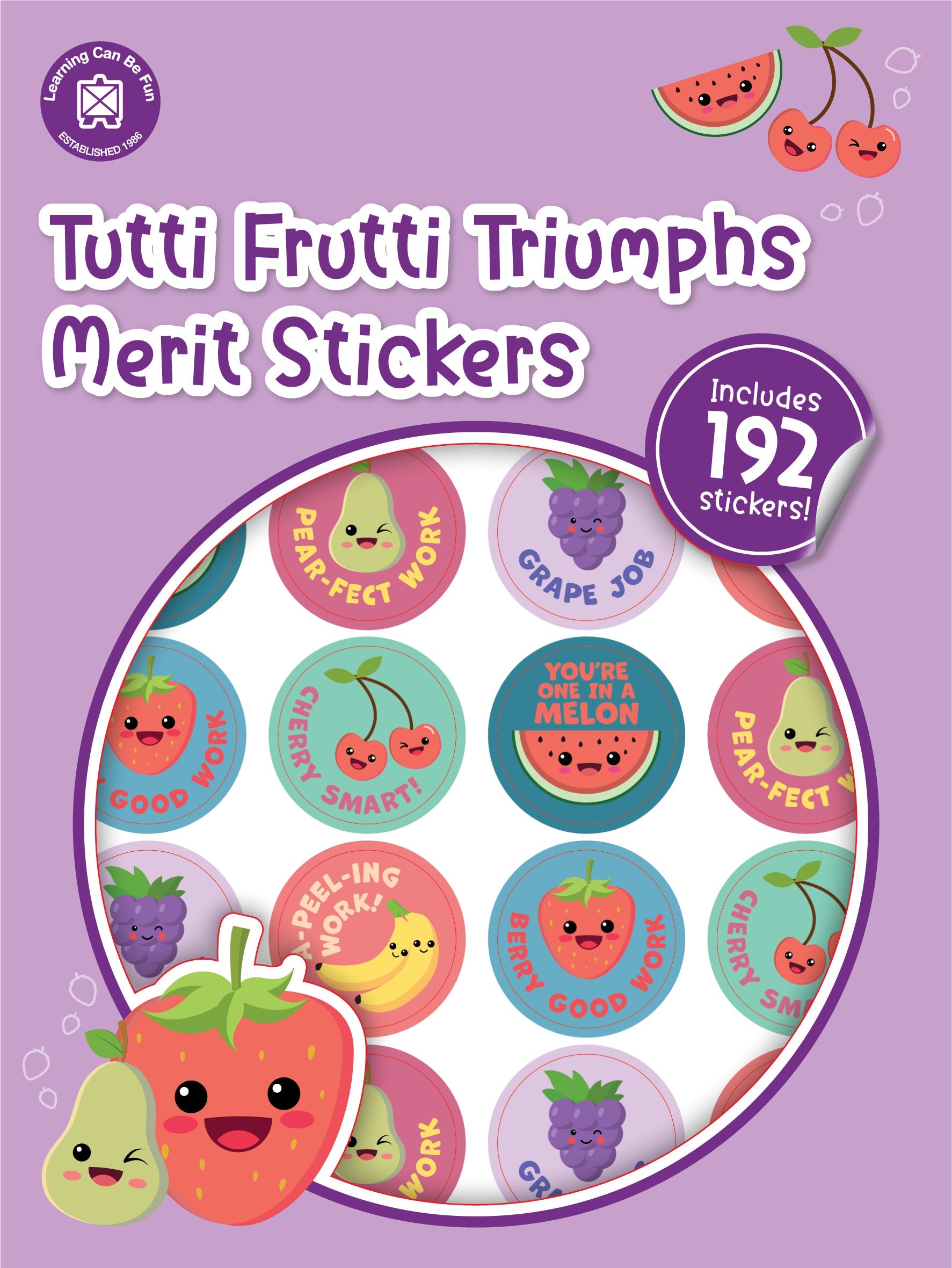 Tutti Frutti Triumphs merit sticker book cover showing round stickers with cartoon fruit characters and pun praise wording.