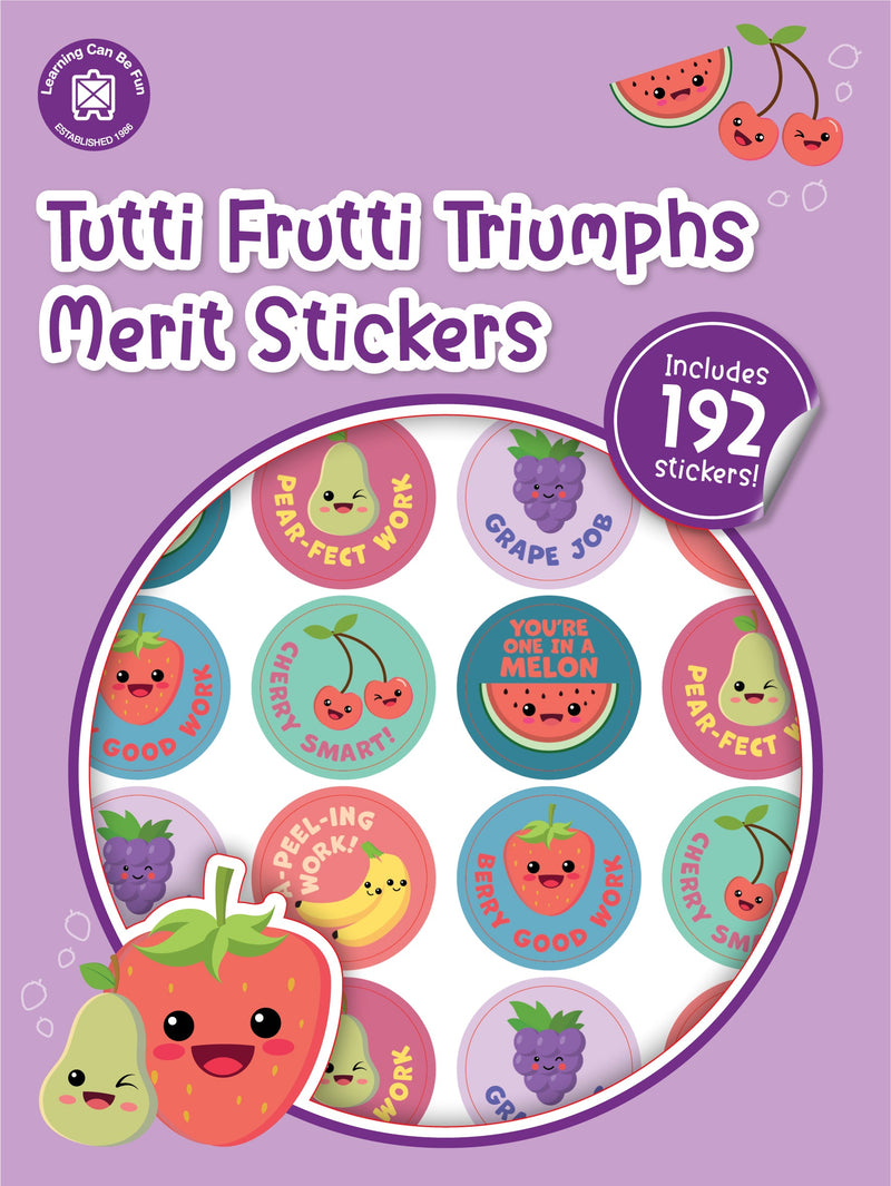 Tutti Frutti Triumphs merit sticker book cover showing round stickers with cartoon fruit characters and pun praise wording.