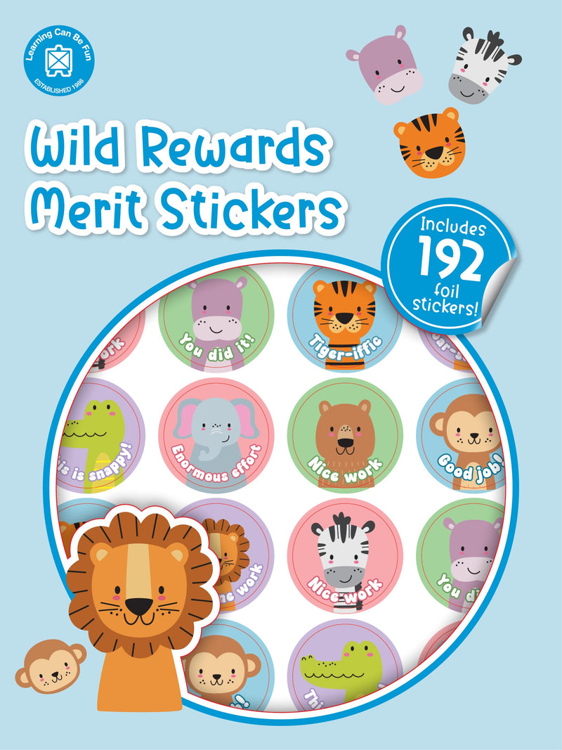 Wild Rewards merit sticker book cover showing round stickers with bold cartoon animal artwork and encouraging phrases.