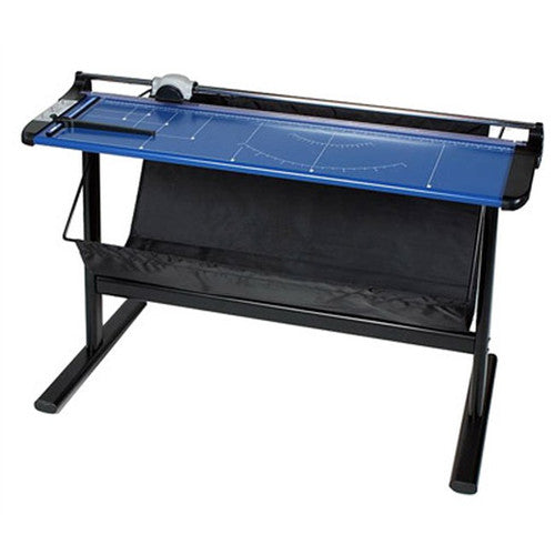 Ledah 960 A1 professional trimmer on a black steel stand with a fabric tray hanging below the blue base