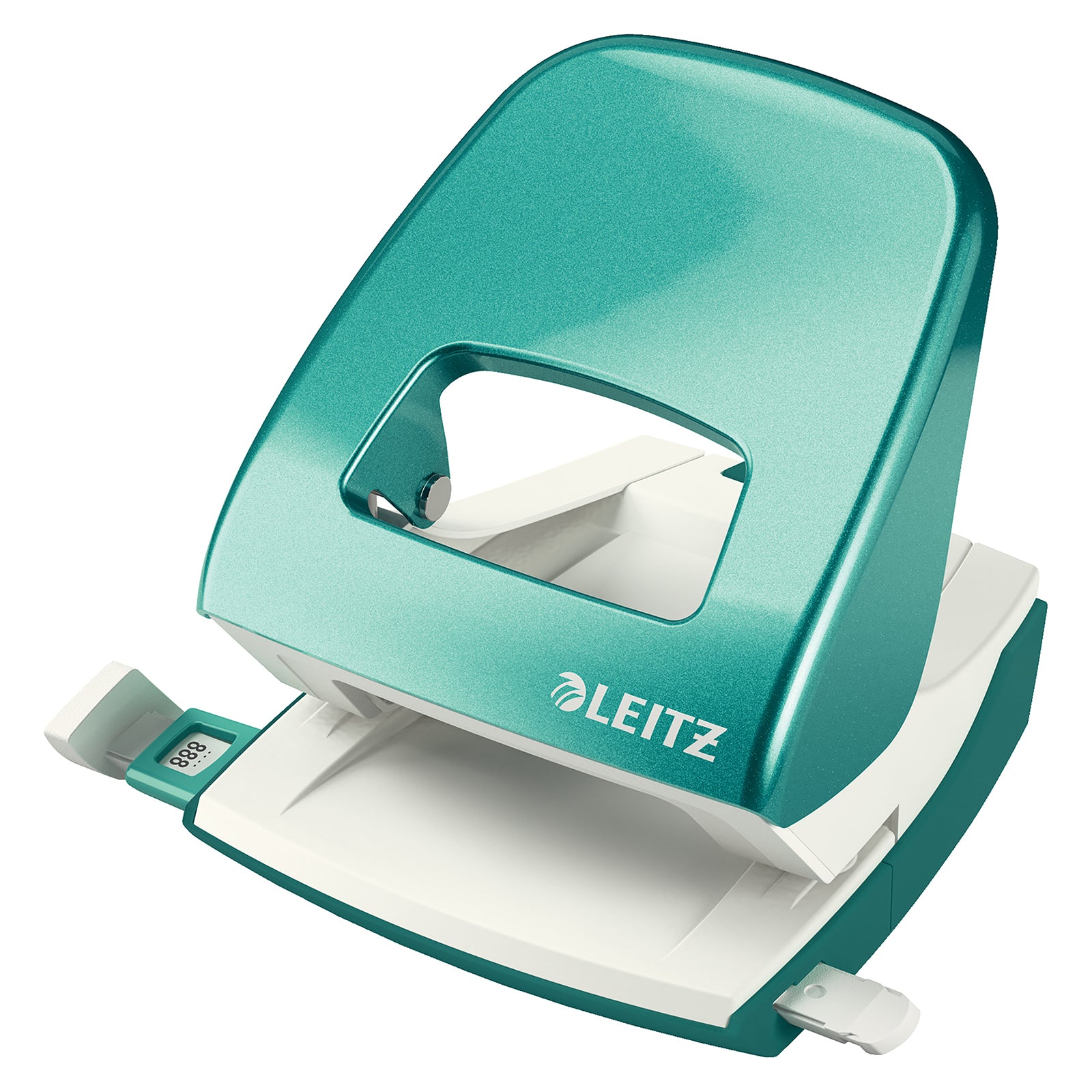 Studio product image of the Leitz NeXXt WOW 2 Hole Punch in Ice Blue against a pure white background. The angled view clearly displays the ergonomic grip, two hole punching mechanism, adjustable paper guide and premium metallic finish, making it ideal for catalogue and ecommerce product listings.