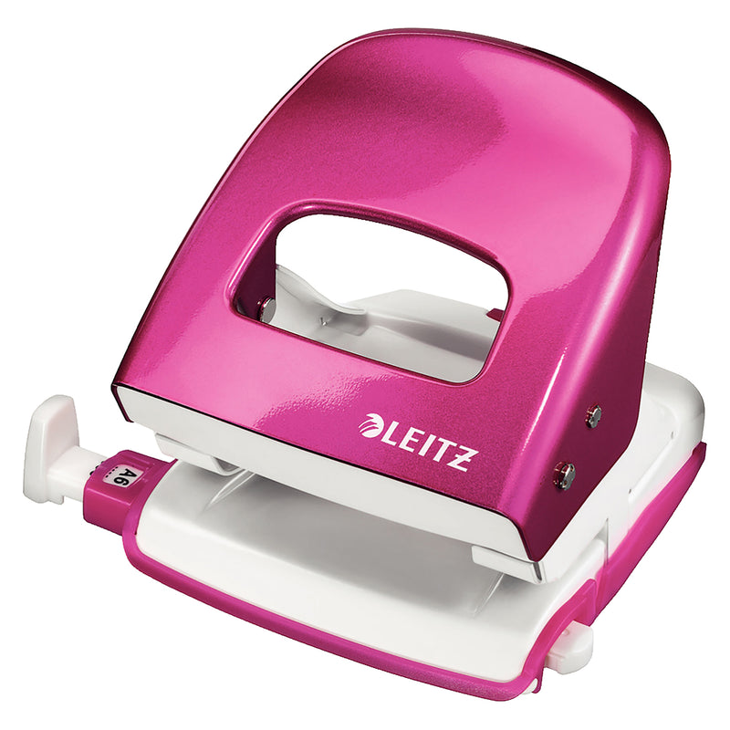 Studio product image of the Leitz NeXXt WOW 2 Hole Punch in Pink against a pure white background. The angled view clearly displays the ergonomic grip, durable metal construction, adjustable paper guide, hinged waste box and precision two hole punching mechanism for catalogue and ecommerce use.