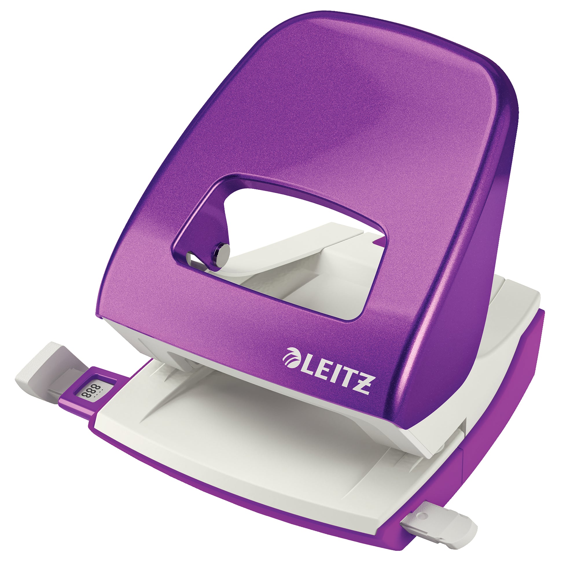 Studio product image of the Leitz NeXXt WOW 2 Hole Punch in Purple against a pure white background. The angled view clearly displays the ergonomic grip, precision punching mechanism, adjustable paper guide and durable construction, making it ideal for ecommerce catalogues and product listings.