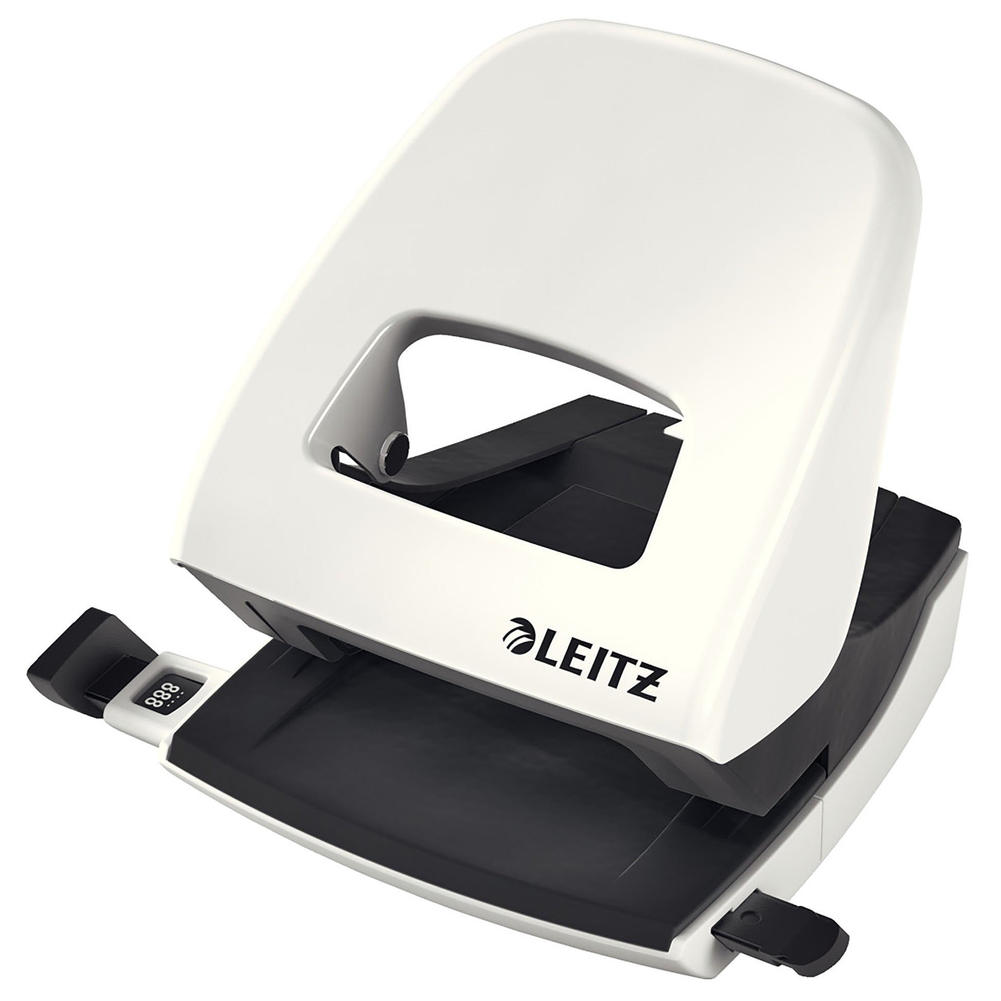 Studio product image of the Leitz NeXXt WOW 2 Hole Punch in White against a pure white background. The angled view clearly displays the ergonomic grip, precision two hole punching mechanism, adjustable paper guide and robust construction for ecommerce and catalogue use.