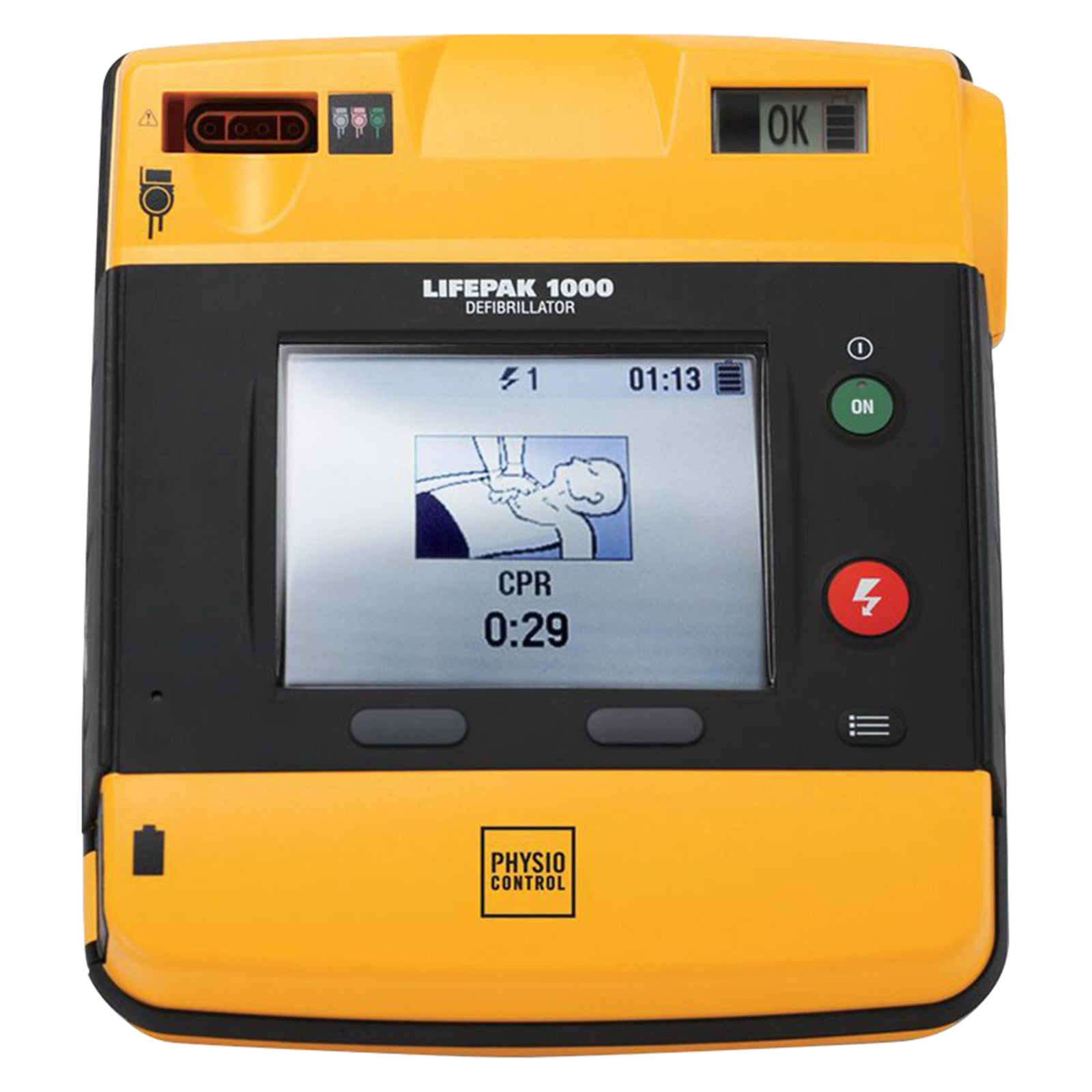 Front view of the LifePak 1000 Semi Automatic Defibrillator isolated on a white background, clearly displaying the LCD screen, control buttons, battery indicator and connection ports for detailed product identification.