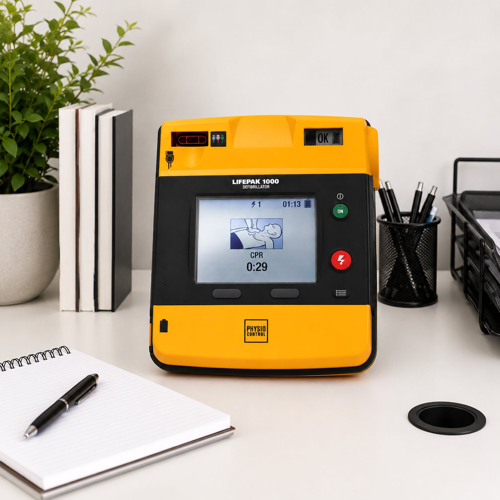 LifePak 1000 Semi Automatic Defibrillator displayed on a clean office desk with notebooks, stationery and indoor plants. The professional workplace setting highlights emergency preparedness for offices, schools and commercial environments.