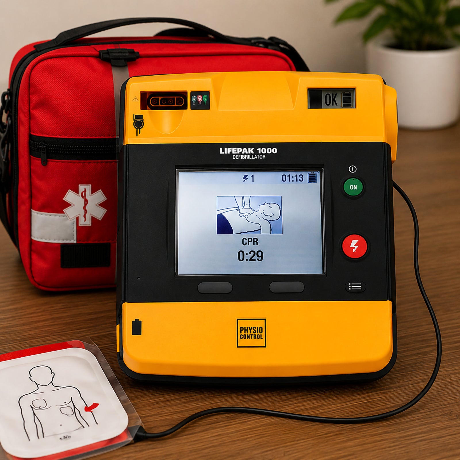 LifePak 1000 Semi Automatic Defibrillator positioned beside a red emergency medical response bag with a connected electrode pad ready for deployment. The scene showcases portable emergency equipment prepared for rapid response situations.