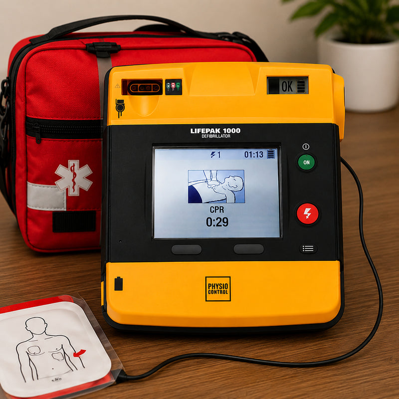 LifePak 1000 Semi Automatic Defibrillator positioned beside a red emergency medical response bag with a connected electrode pad ready for deployment. The scene showcases portable emergency equipment prepared for rapid response situations.