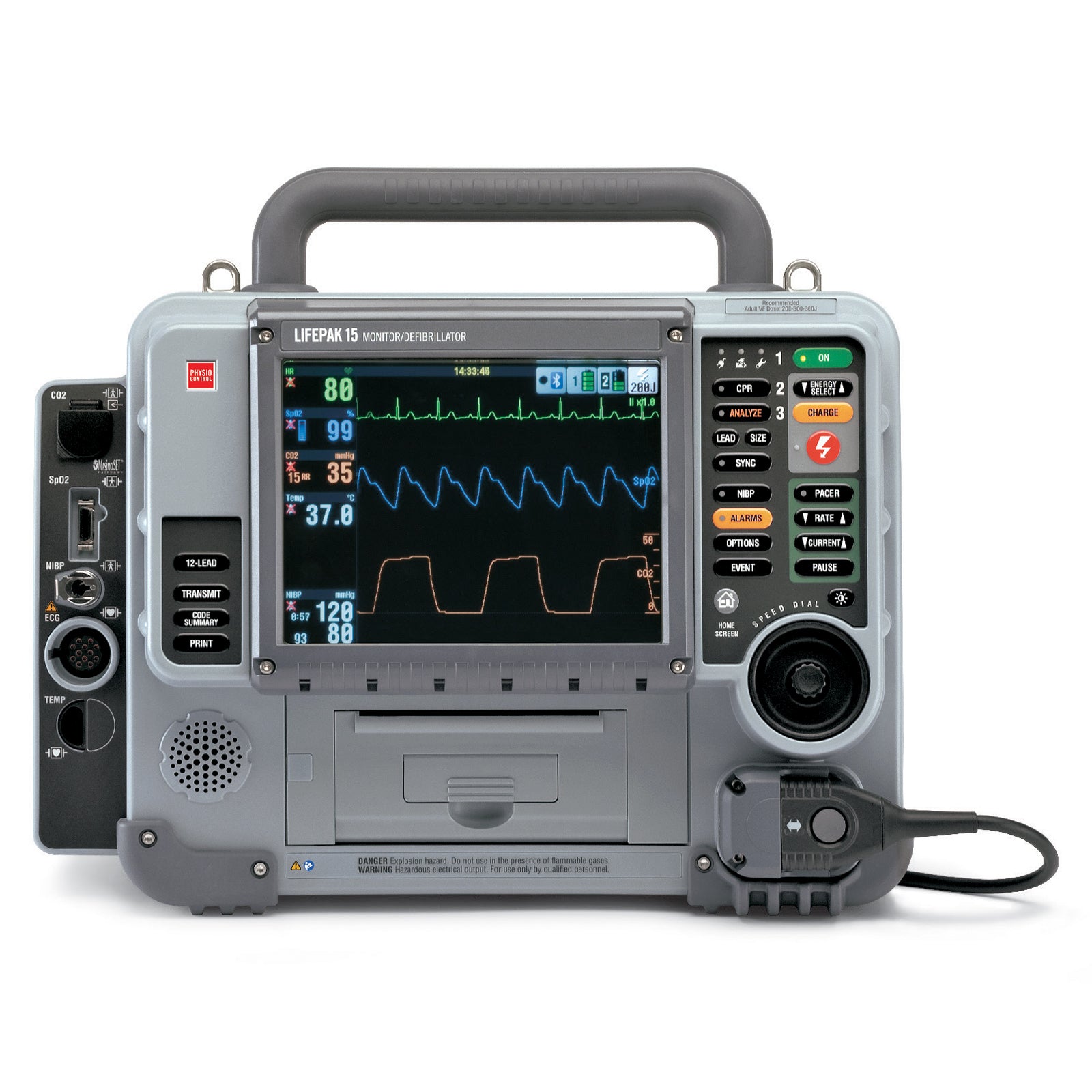 Clean front facing product image of the LifePak 15 Monitor Defibrillator isolated on a white background. The detailed view highlights the integrated printer, colour display, monitoring ports, control panel, carrying handle and rugged professional design for emergency medical applications.