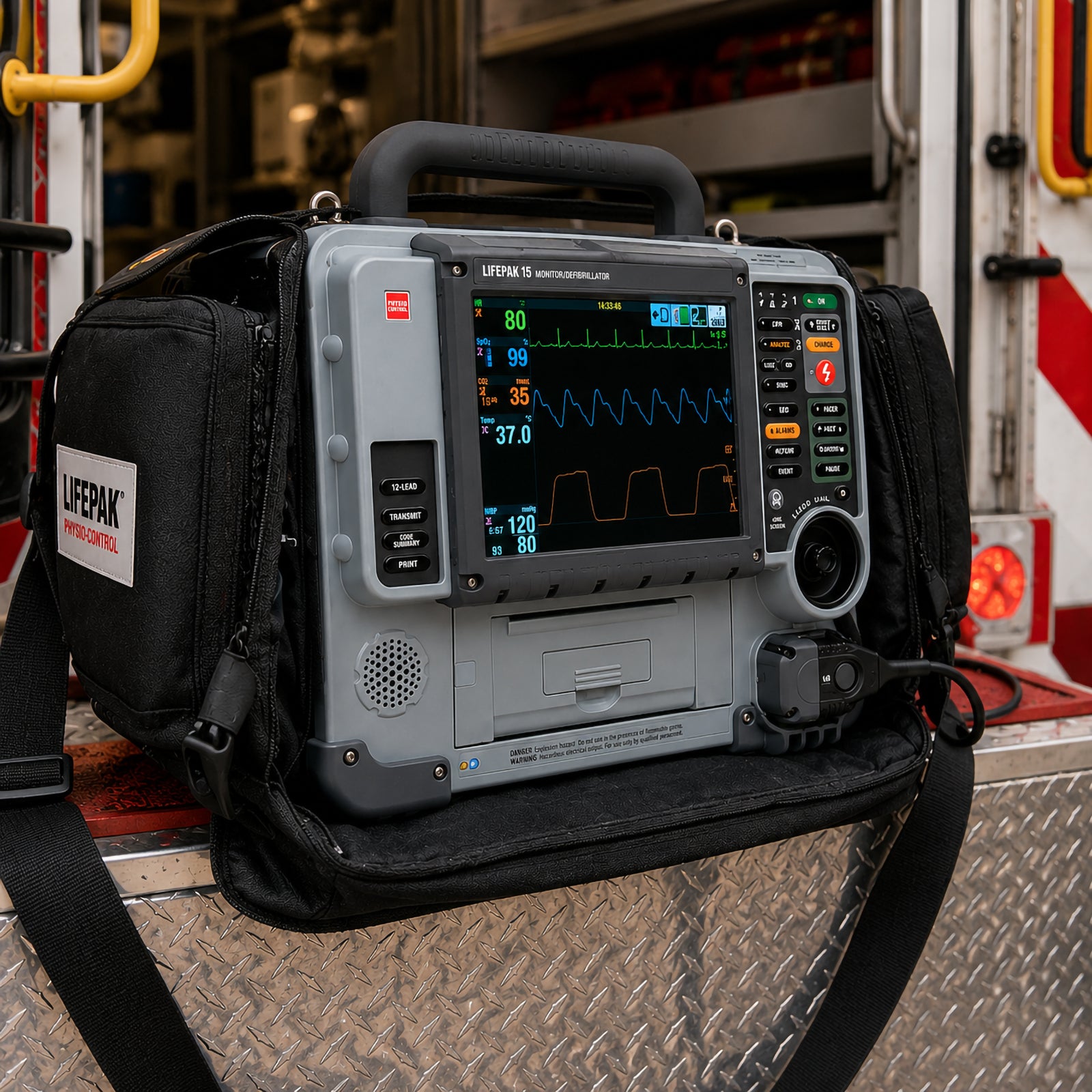 The LifePak 15 Monitor Defibrillator is secured inside its protective carry case on the rear platform of an ambulance. Positioned for immediate deployment, the rugged monitor highlights its portability, durable construction and readiness for emergency medical response in demanding field conditions.