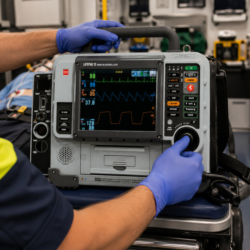 A healthcare professional wearing blue medical gloves operates the LifePak 15 Monitor Defibrillator during patient monitoring inside a clinical emergency setting. The large colour display shows multiple vital signs including ECG, oxygen saturation, blood pressure and carbon dioxide waveforms, demonstrating advanced critical care monitoring in action.