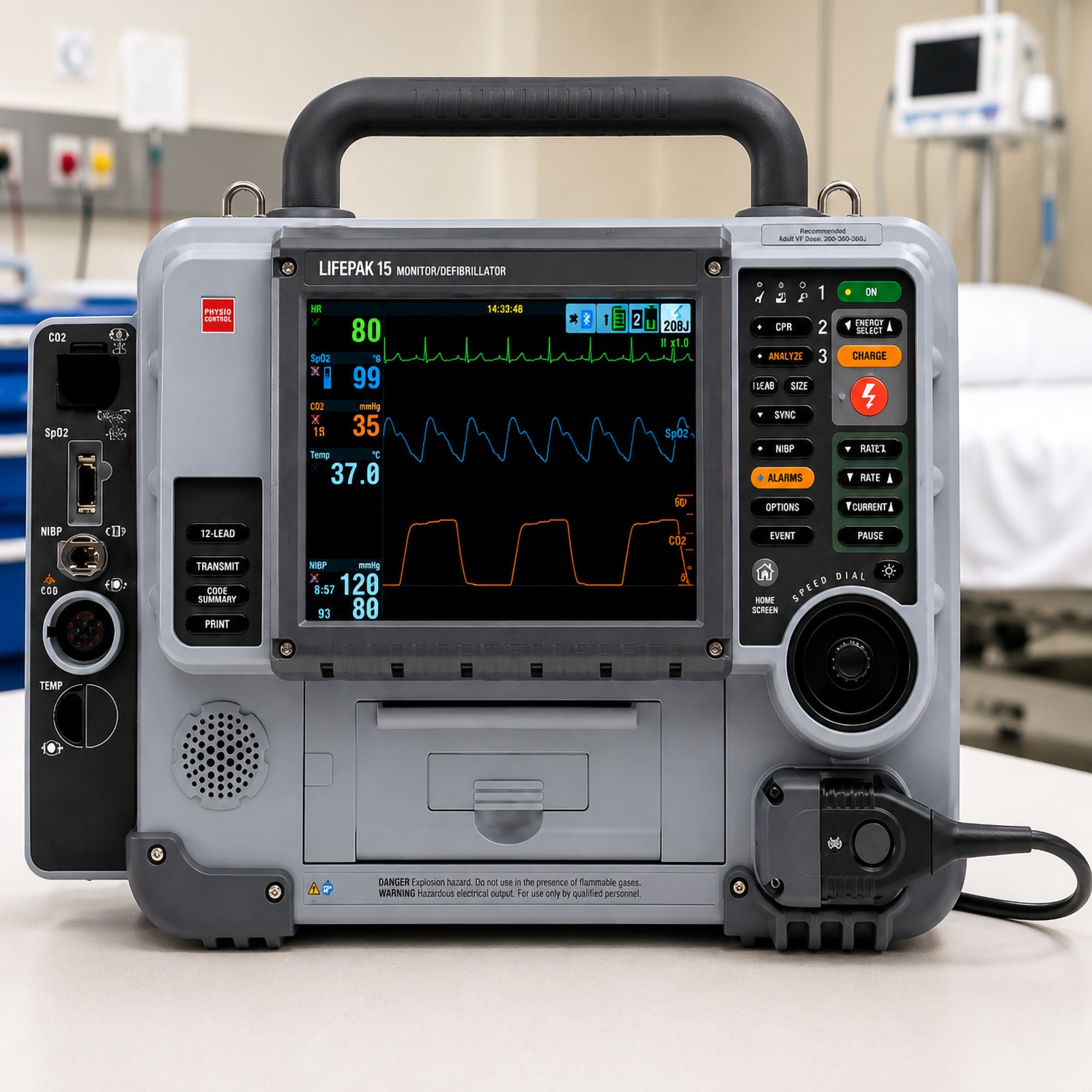 Front view of the LifePak 15 Monitor Defibrillator displayed on a hospital workbench with a blurred clinical environment in the background. The high resolution colour monitor clearly presents ECG traces, vital signs and monitoring data, showcasing its advanced capabilities for professional healthcare environments.