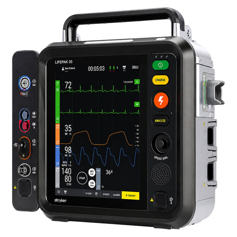Front product view of the LifePak 35 Defibrillator Monitor against a clean white background. The large colour monitoring display shows ECG and patient parameter information, while the integrated carrying handle, therapy controls and clearly organised monitoring connections provide a detailed view of the multiparameter defibrillator monitor configuration.