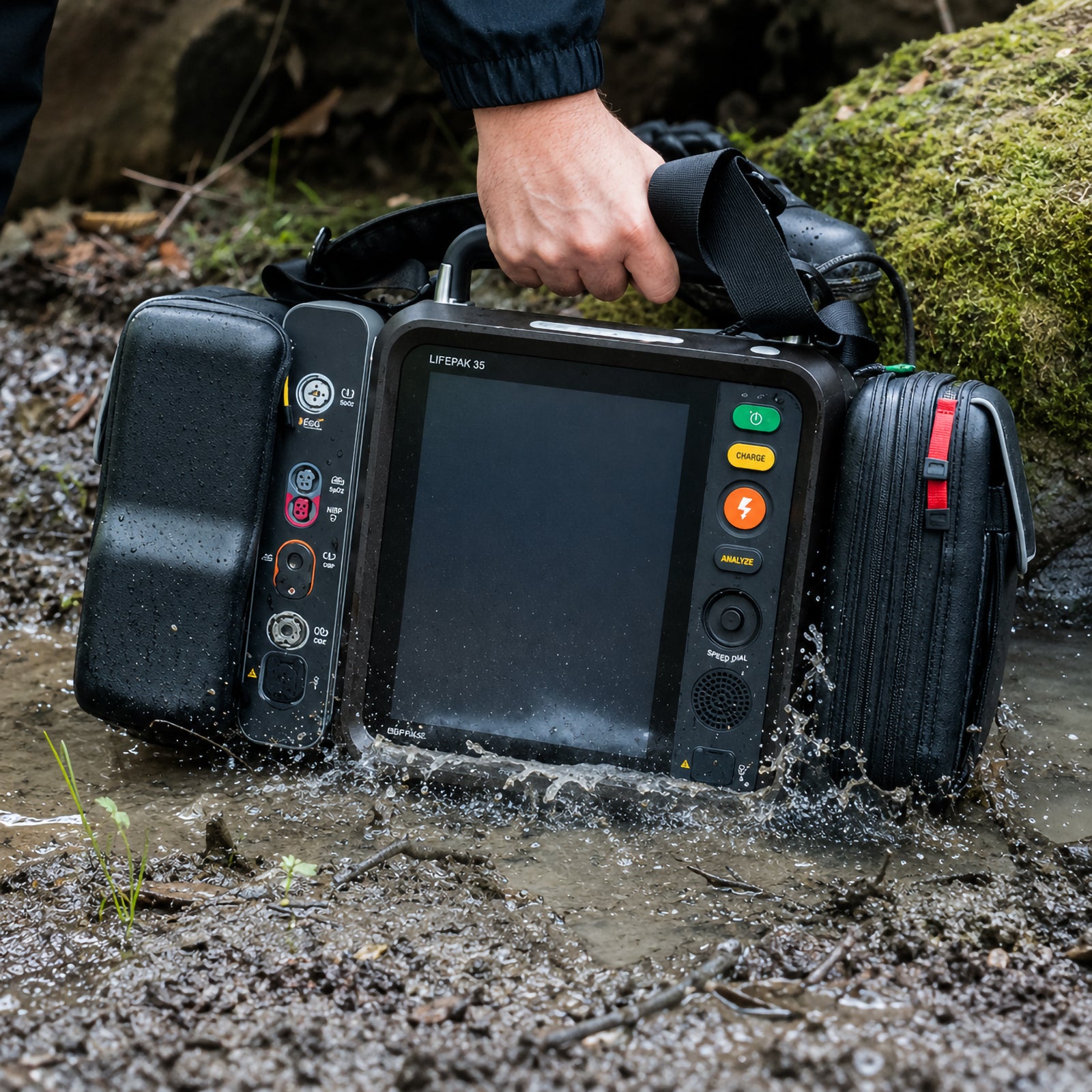 LifePak 35 Defibrillator Monitor being transported through a muddy and wet outdoor response environment using its integrated carrying handle. The rugged housing, front monitoring interface and protective side compartments are clearly shown as water splashes around the equipment during movement across challenging terrain.