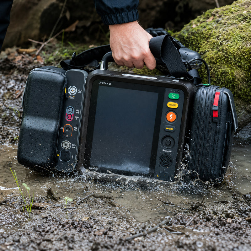 LifePak 35 Defibrillator Monitor being transported through a muddy and wet outdoor response environment using its integrated carrying handle. The rugged housing, front monitoring interface and protective side compartments are clearly shown as water splashes around the equipment during movement across challenging terrain.