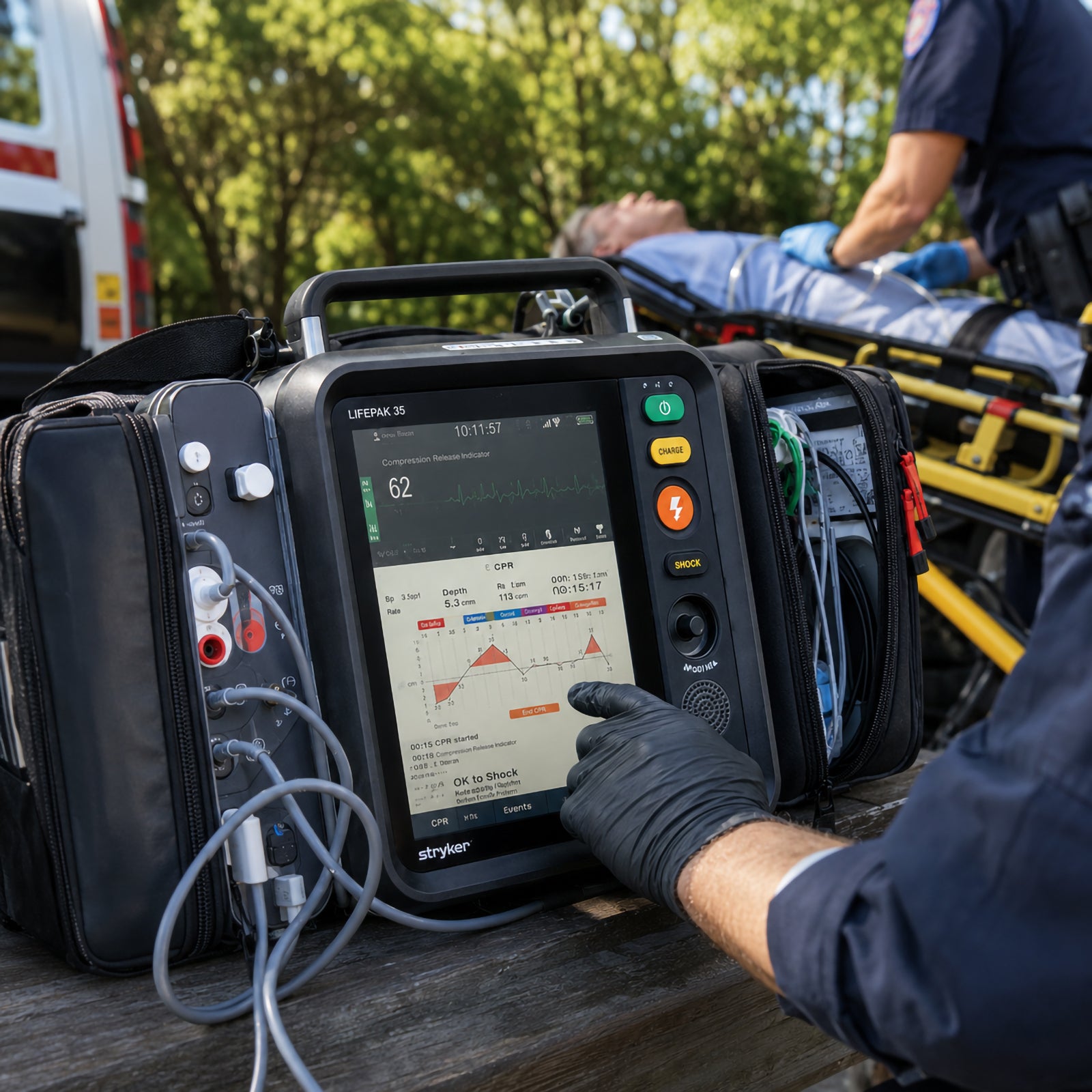 LifePak 35 Defibrillator Monitor positioned beside an outdoor emergency response scene while a gloved responder operates the large colour touchscreen. Connected monitoring cables and organised accessory storage are visible, with an ambulance stretcher and clinical team in the background illustrating use during prehospital patient assessment and resuscitation.