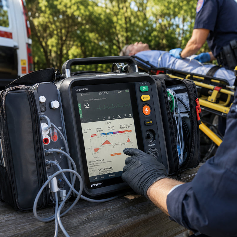 LifePak 35 Defibrillator Monitor positioned beside an outdoor emergency response scene while a gloved responder operates the large colour touchscreen. Connected monitoring cables and organised accessory storage are visible, with an ambulance stretcher and clinical team in the background illustrating use during prehospital patient assessment and resuscitation.
