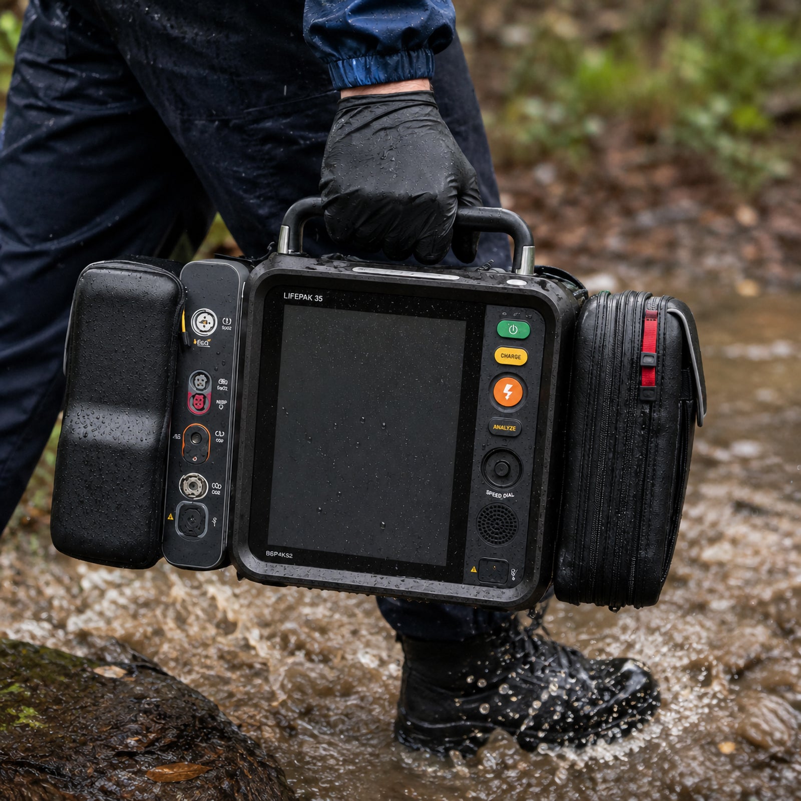 LifePak 35 Defibrillator Monitor being carried by its integrated handle through a wet outdoor environment. Water droplets cover the rugged housing while the large front display, defibrillation controls, monitoring connections and protective accessory compartments remain clearly visible, demonstrating the portable design for demanding emergency response conditions.