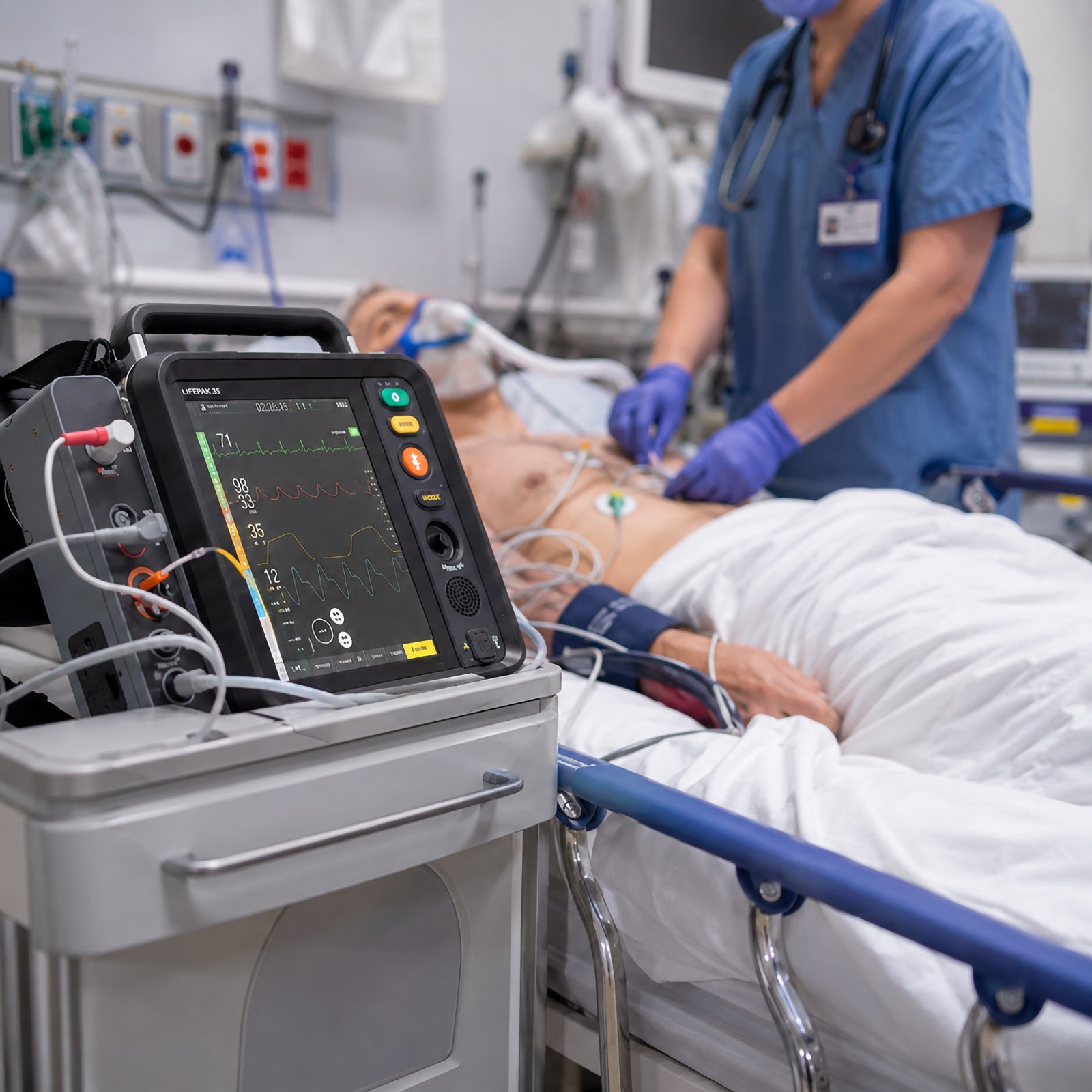 LifePak 35 Defibrillator Monitor operating beside a patient in an acute hospital care environment. The colour display presents multiple patient monitoring waveforms and vital signs while connected leads run towards the patient, demonstrating how the system supports continuous clinical assessment during emergency department treatment.