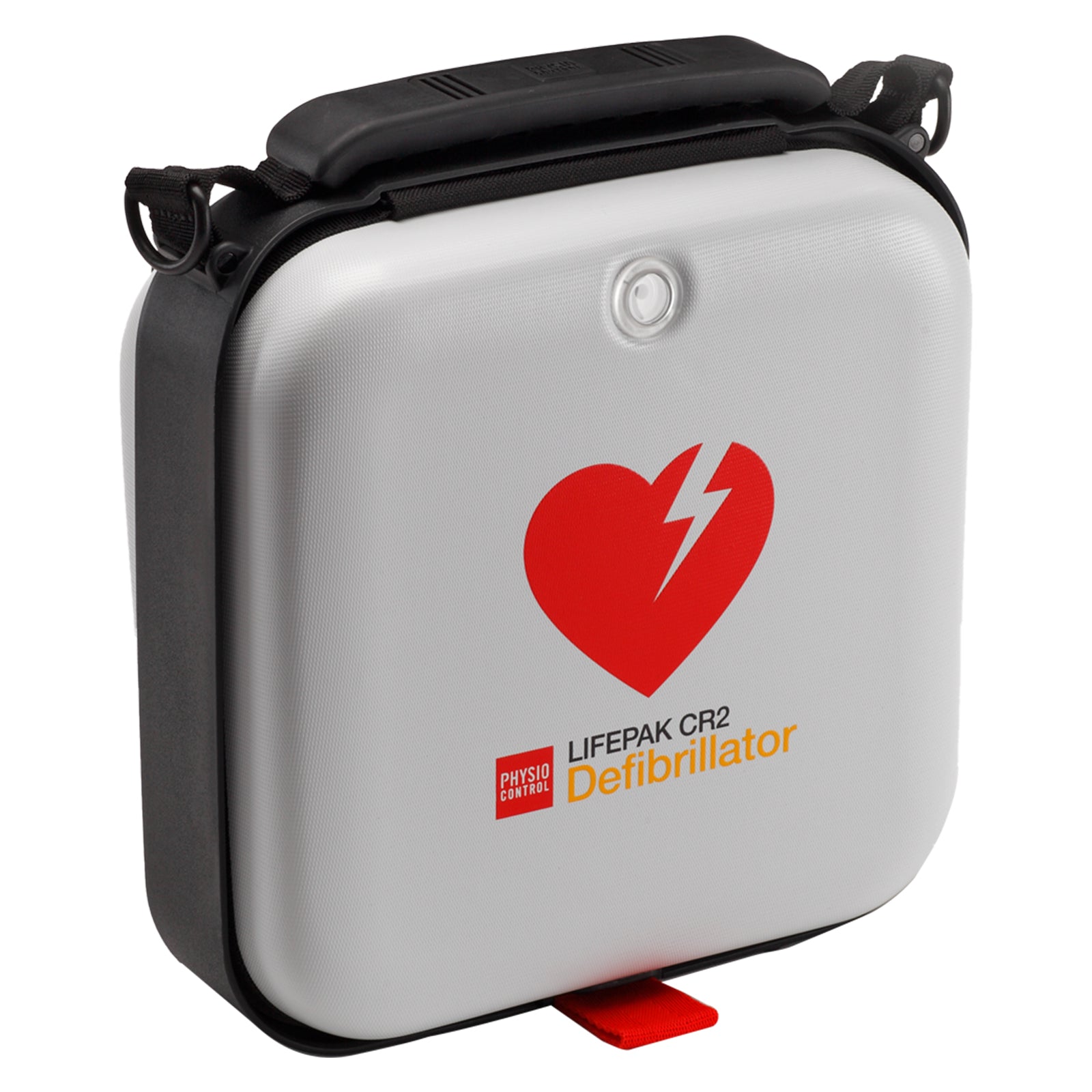 Front angled view of the LifePak CR2 Fully Automatic Defibrillator housed inside its durable hard shell carry case on a clean white background. The image clearly displays the integrated handle, protective enclosure and product branding for catalogue presentation.