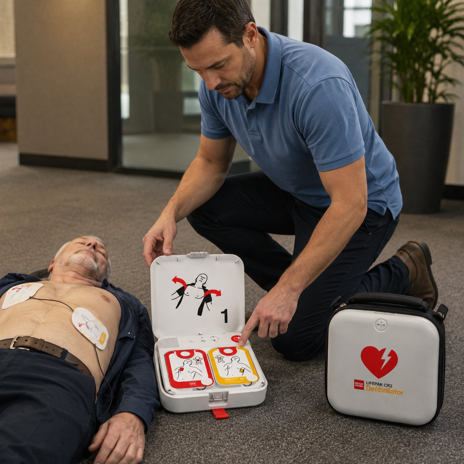 A workplace responder kneels beside a casualty while operating the LifePak CR2 Fully Automatic Defibrillator. The open unit displays clear illustrated instructions as electrode pads are applied, demonstrating rapid emergency response during a simulated cardiac arrest scenario.