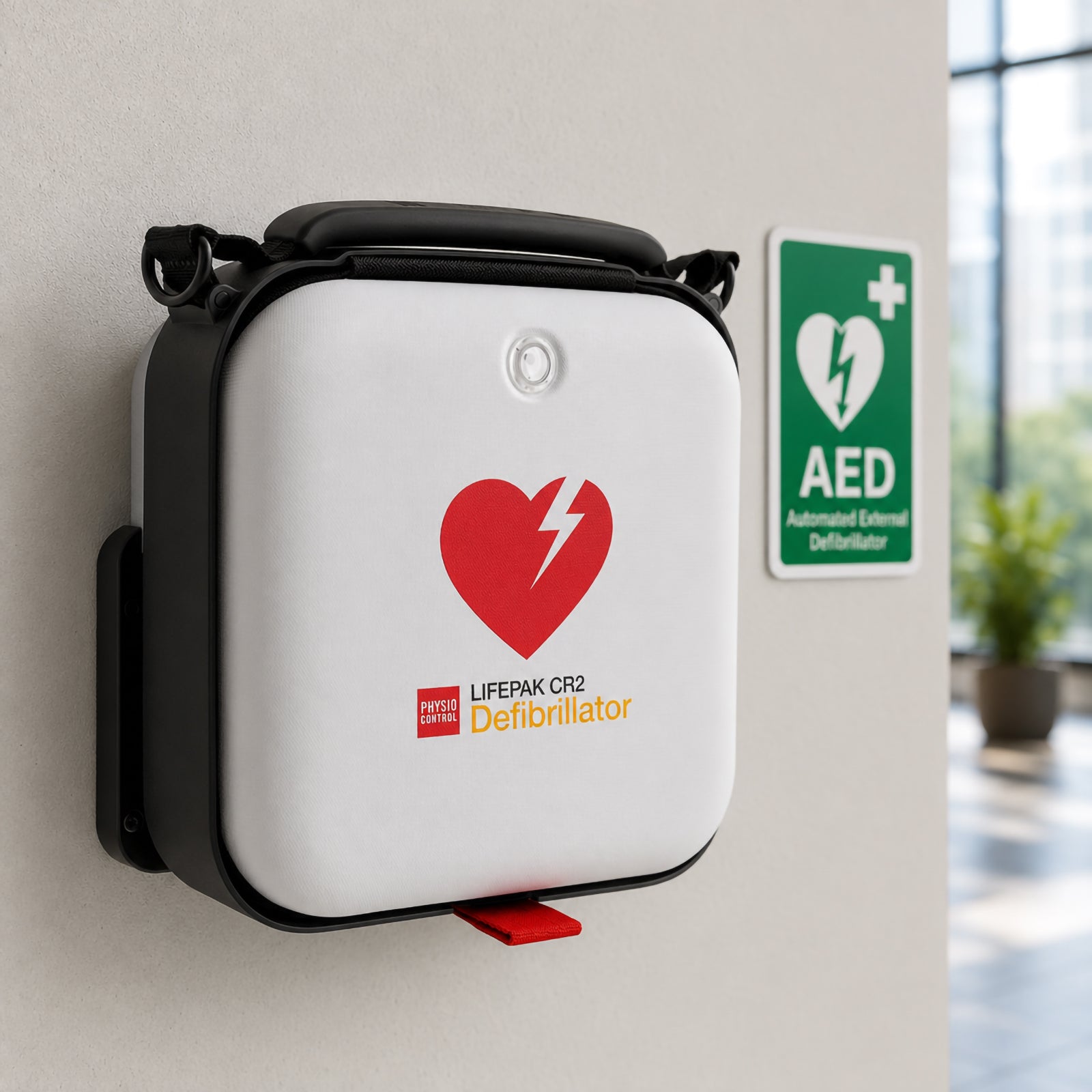 The LifePak CR2 Fully Automatic Defibrillator is mounted on a wall beside a recognised green AED location sign. The protective carry case is securely installed for immediate public access in an office, healthcare or commercial environment.