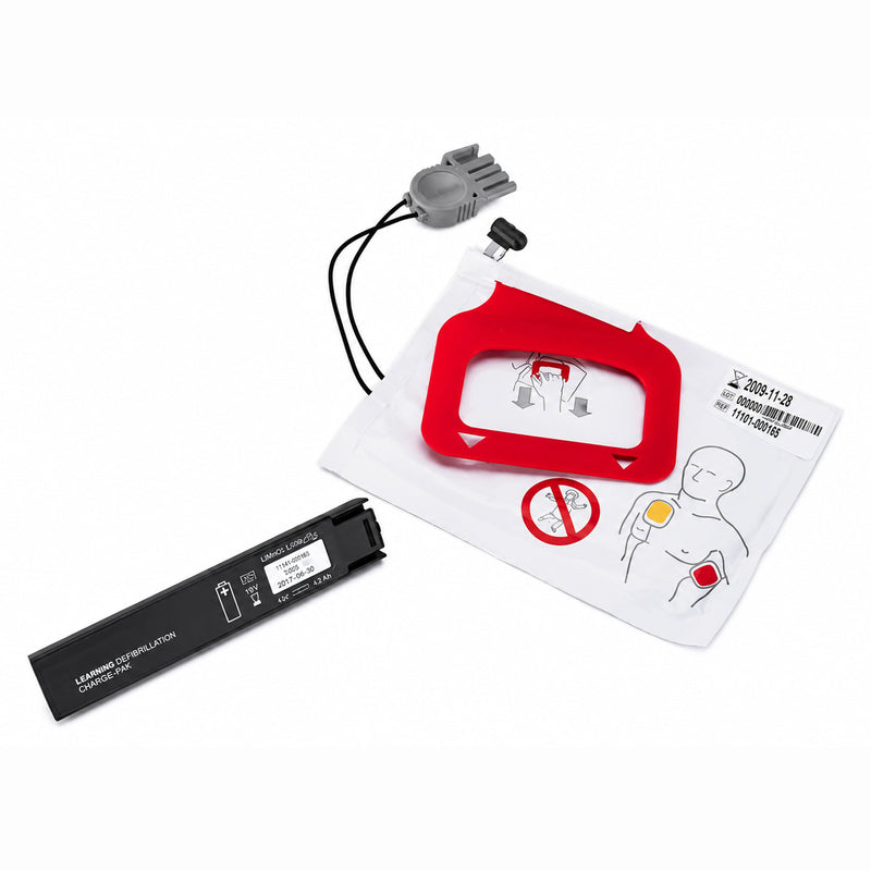 LifePak CR Plus Charge Pak shown separately against a clean white background. The image displays the adult electrode pad package with illustrated placement guidance, attached connector assembly and black replacement battery pack, clearly presenting the components supplied for compatible LifePak CR Plus and LifePak Express AED maintenance.