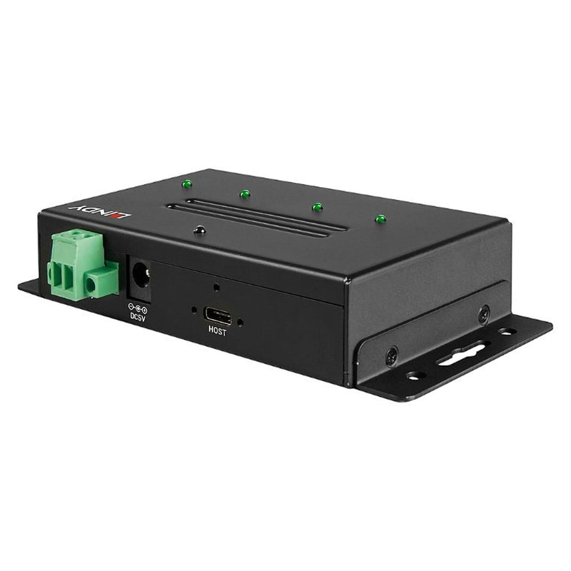 Studio rear perspective highlighting the Lindy industrial USB hub with USB Type C host connection, DC power input and terminal block connector. The clean white background focuses attention on the industrial design and secure mounting features.