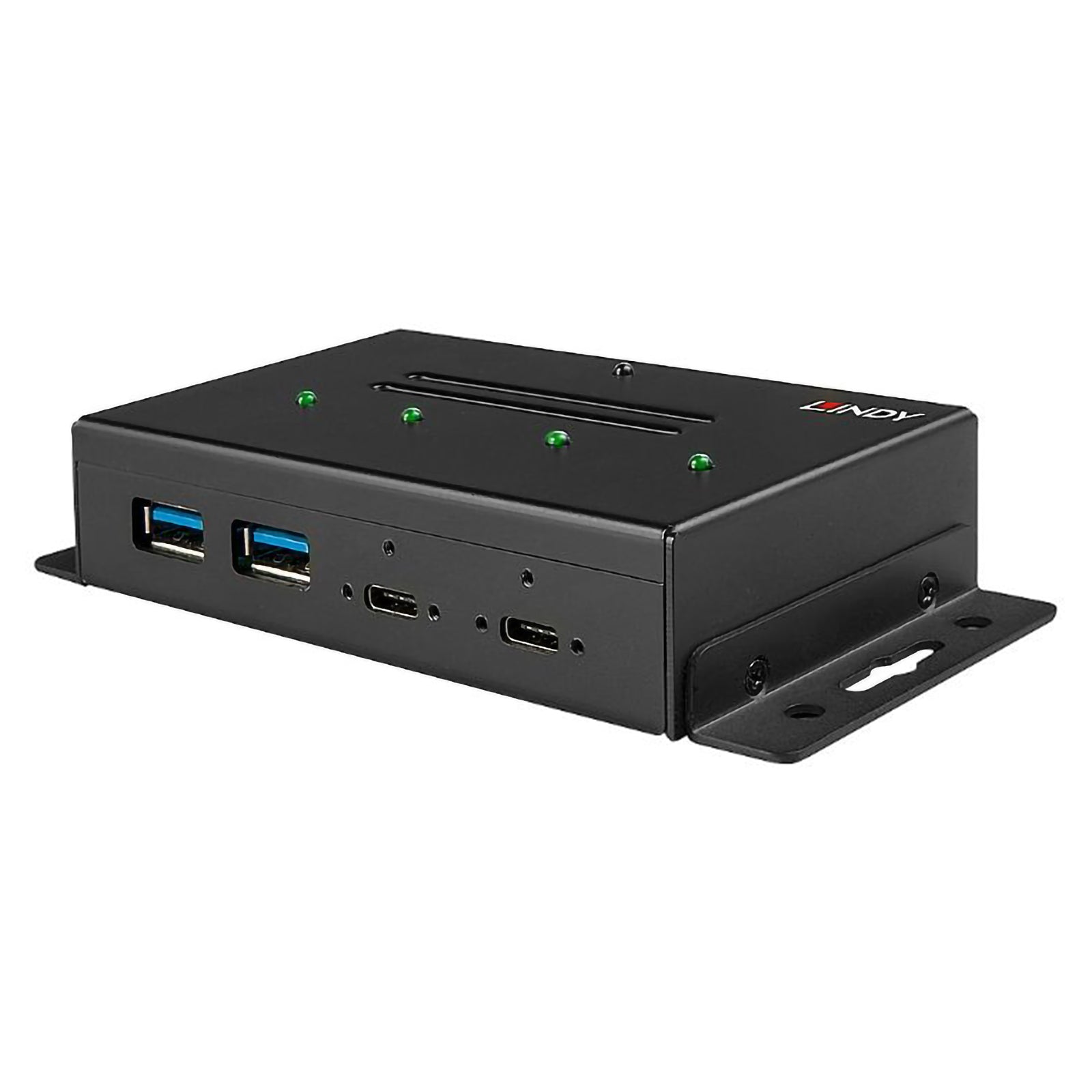 Studio angled view of the Lindy USB hub displaying the front USB ports, LED indicators and robust metal chassis with integrated mounting flanges. The image provides a clear view of the professional industrial build quality designed for demanding commercial applications.