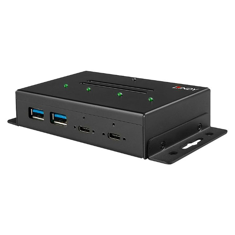 Studio angled view of the Lindy USB hub displaying the front USB ports, LED indicators and robust metal chassis with integrated mounting flanges. The image provides a clear view of the professional industrial build quality designed for demanding commercial applications.