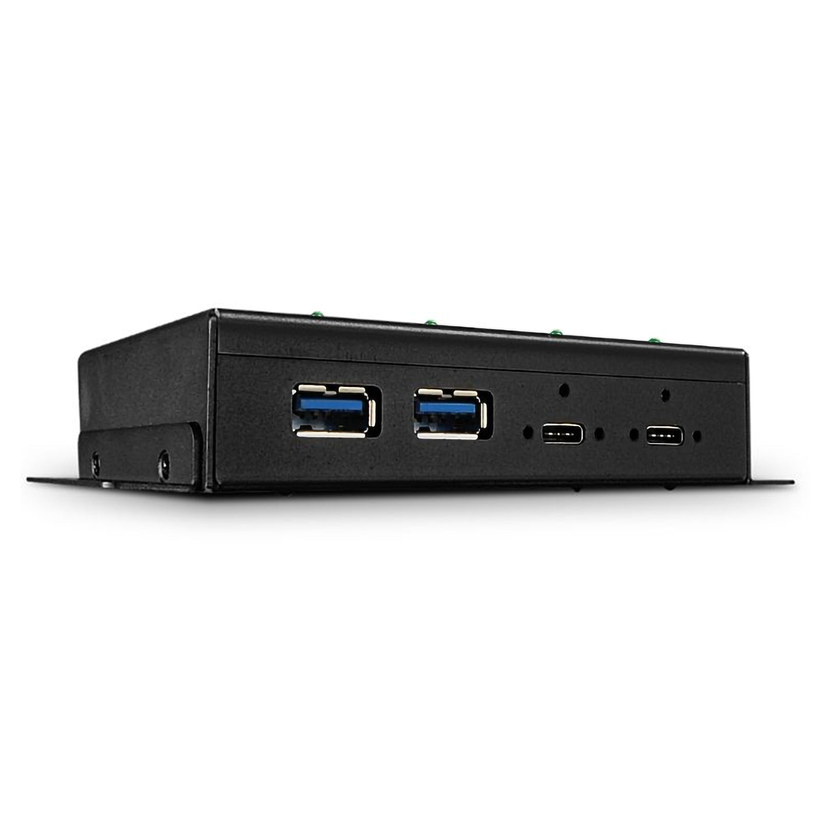 Studio product image showing the front interface of the Lindy 4 Port USB 3.2 Gen 2 Industrial Hub against a clean white background. The rugged metal enclosure, dual USB Type A ports and dual USB Type C ports are clearly displayed for detailed product presentation.
