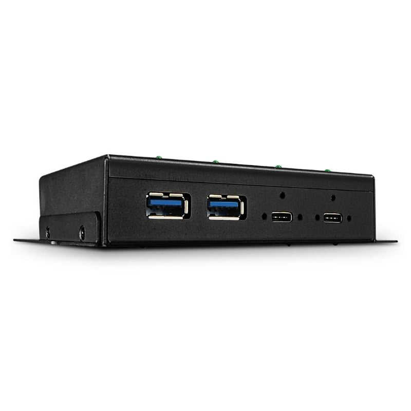 Studio product image showing the front interface of the Lindy 4 Port USB 3.2 Gen 2 Industrial Hub against a clean white background. The rugged metal enclosure, dual USB Type A ports and dual USB Type C ports are clearly displayed for detailed product presentation.