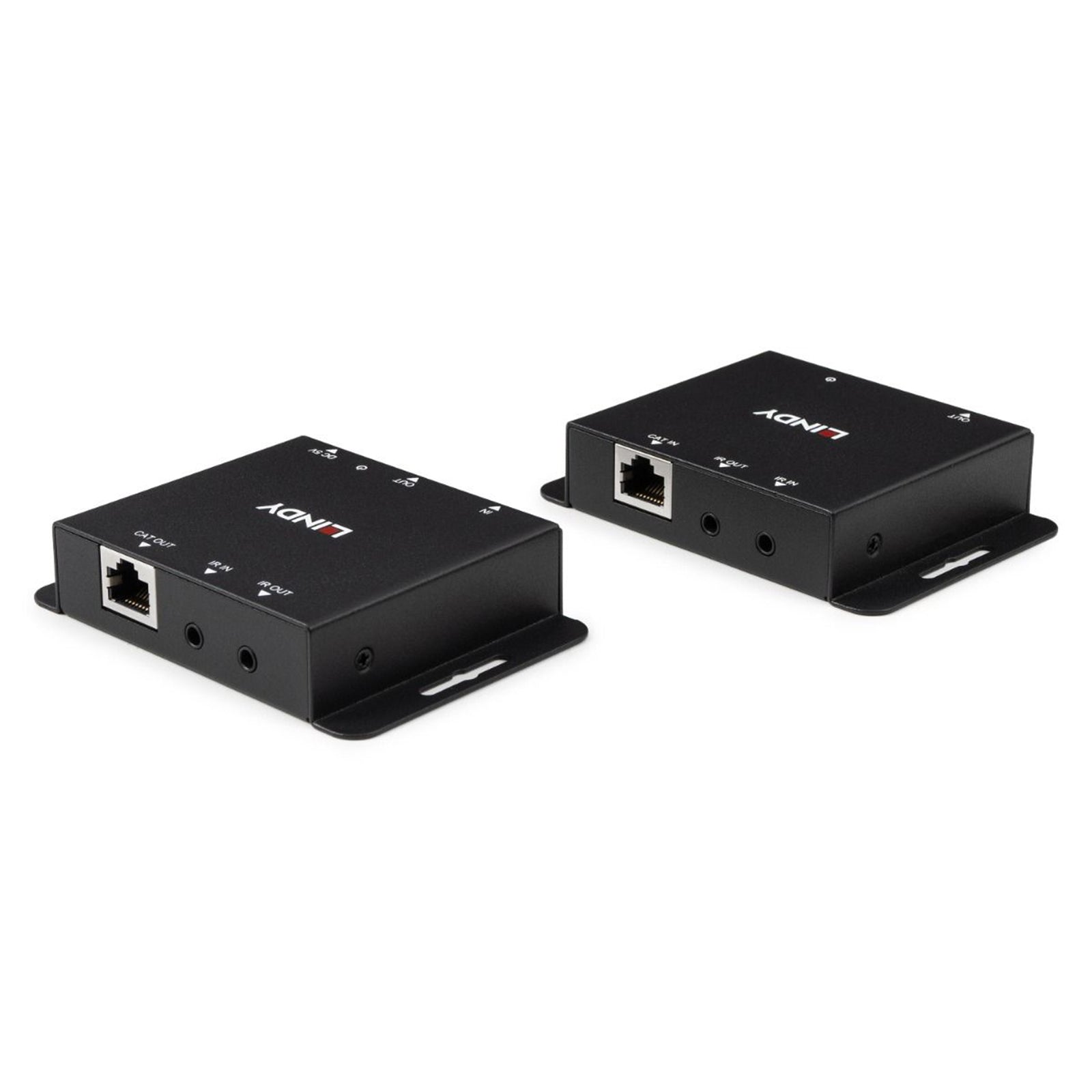 Angled studio view of the Lindy HDMI extender set focusing on the rear CAT6 network port, IR connections and integrated mounting brackets. The robust metal design is clearly visible against a clean white background.
