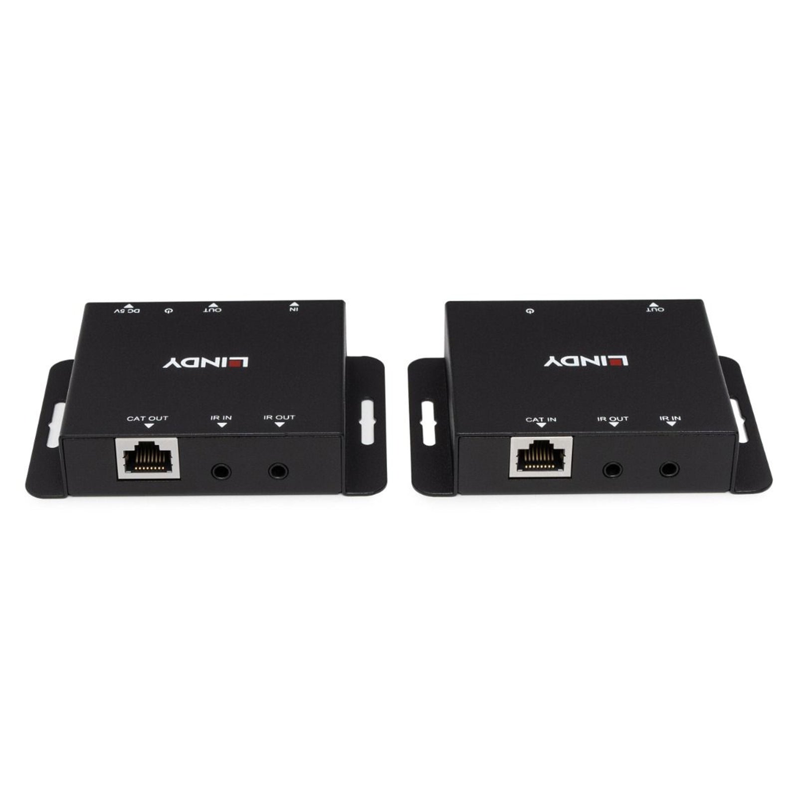 Studio rear view displaying the RJ45 Cat.6 connections together with IR input and output ports on both the transmitter and receiver. The image highlights the compact metal construction designed for professional AV installations.