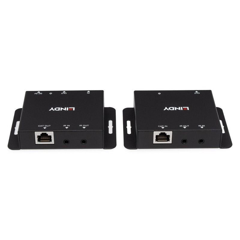 Studio rear view displaying the RJ45 Cat.6 connections together with IR input and output ports on both the transmitter and receiver. The image highlights the compact metal construction designed for professional AV installations.